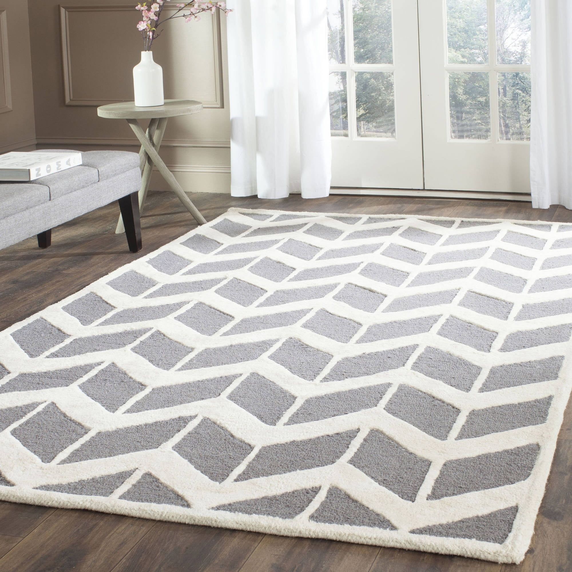 Hand-Tufted Silver/Ivory Wool Rectangular Rug, 9' x 12'