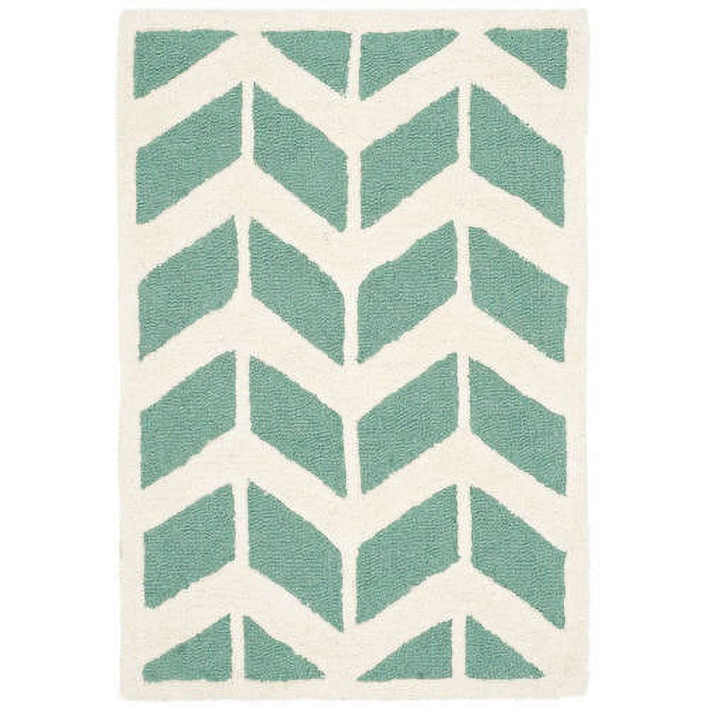 Teal and Ivory Hand-Tufted Wool Zig Zag Area Rug 2' x 3'