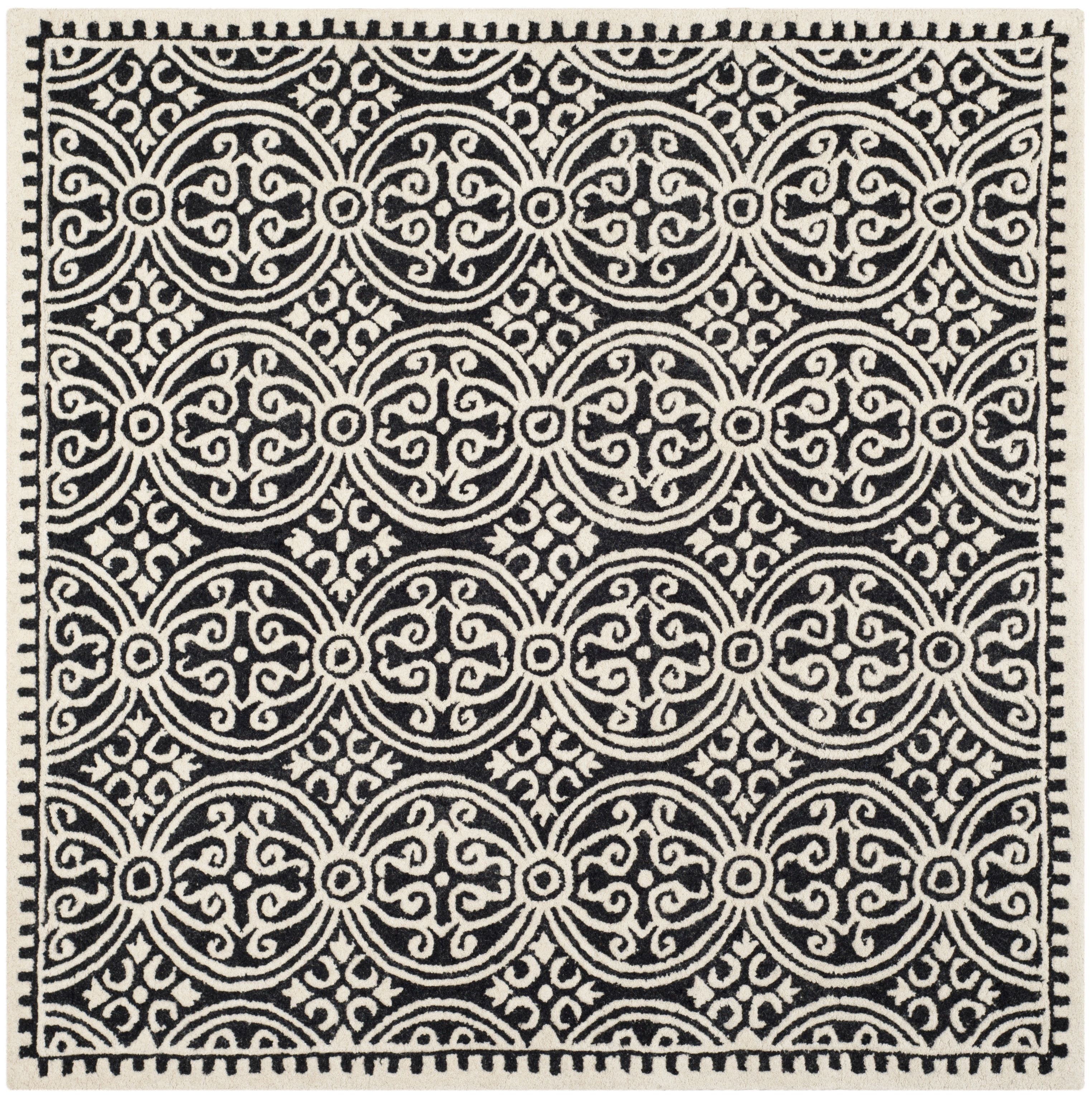 Ivory and Black Geometric Wool 3' x 3' Square Rug