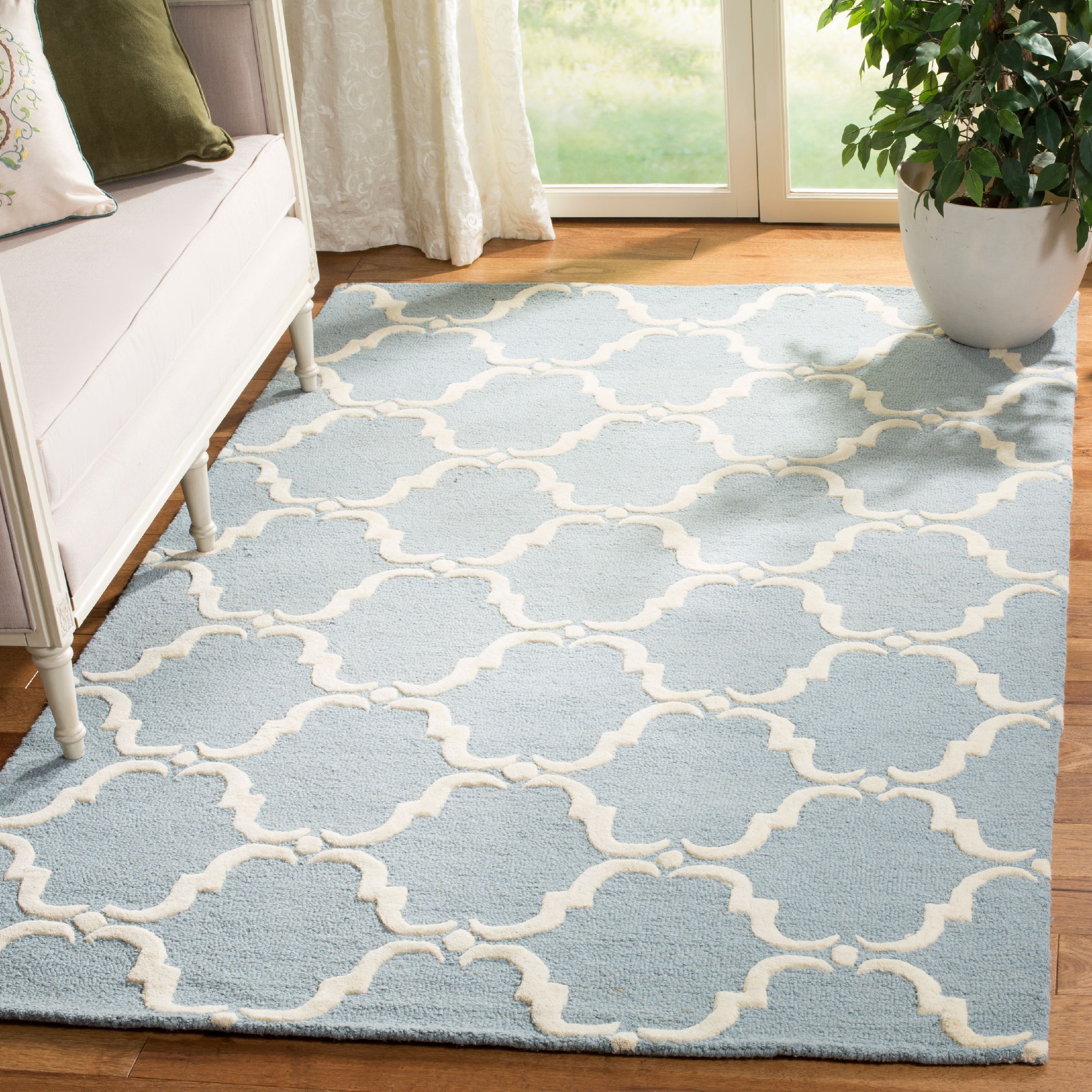 Ivory and Blue Geometric Hand-Tufted Wool Area Rug