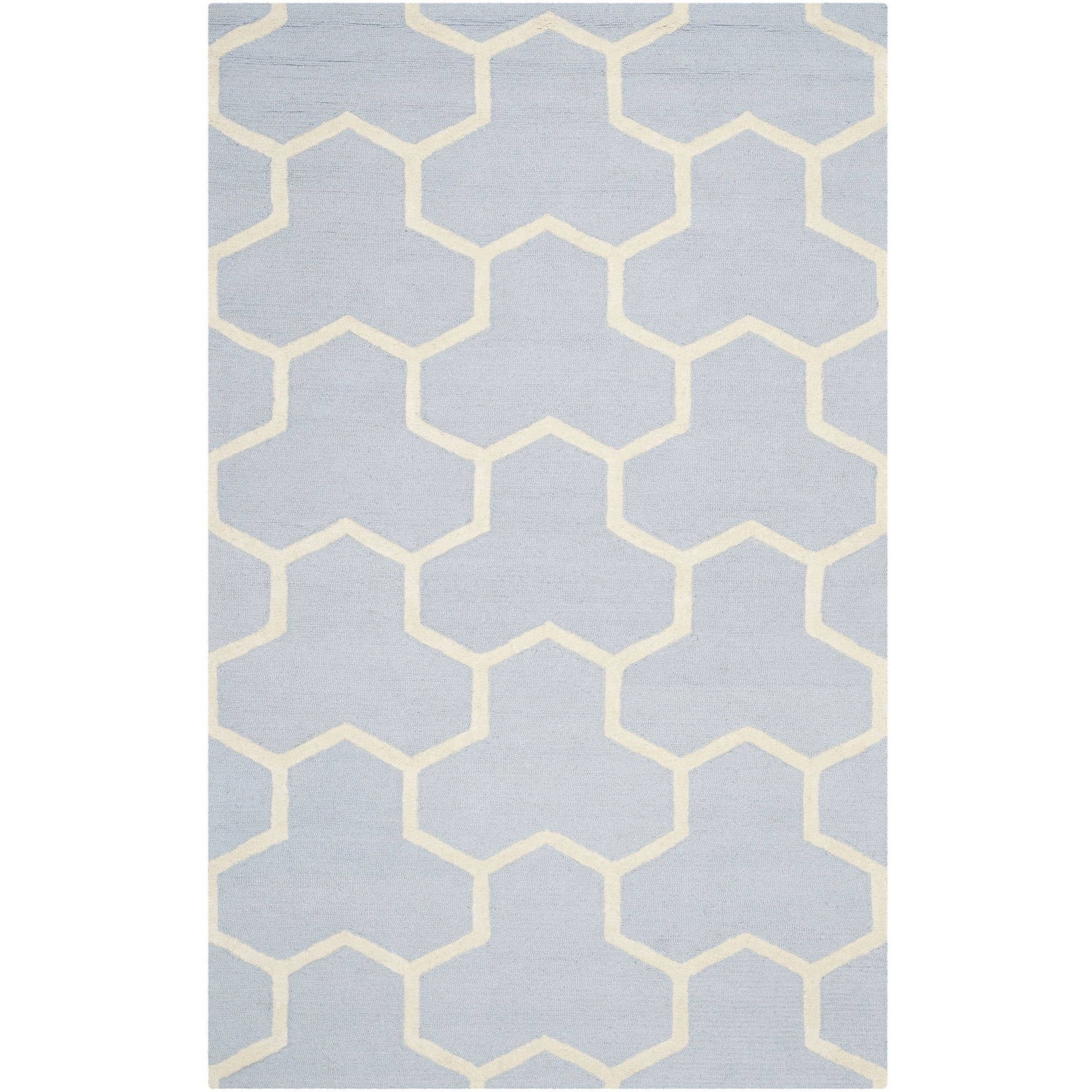 Light Blue and Ivory Geometric Wool Area Rug, 6' x 9'