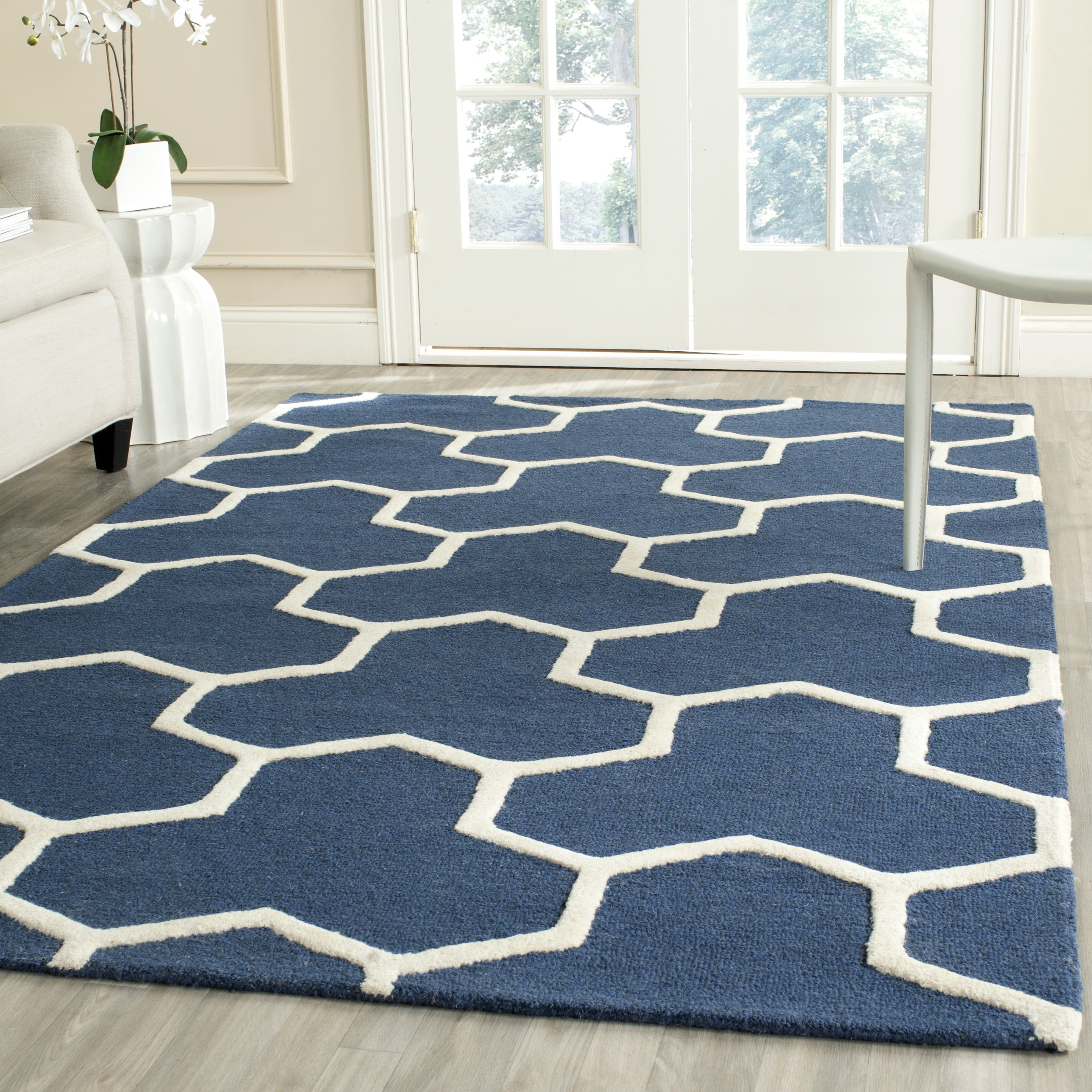 Navy Blue and Ivory Hand-Tufted Wool Geometric Area Rug, 8' x 10'