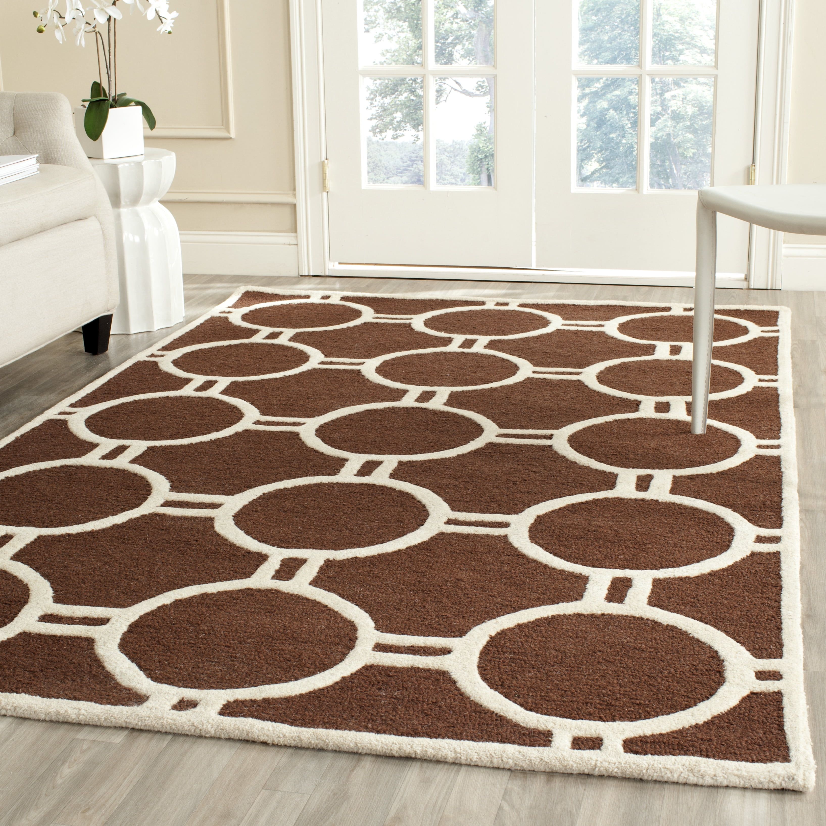 Dark Brown and Ivory Geometric Wool Area Rug, 8' x 10'