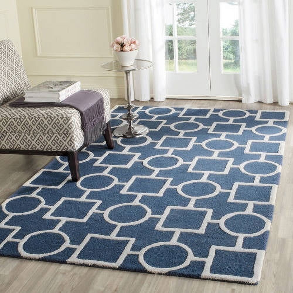 Hand-Tufted Navy Blue/Ivory Wool Square Area Rug, 4' x 6'