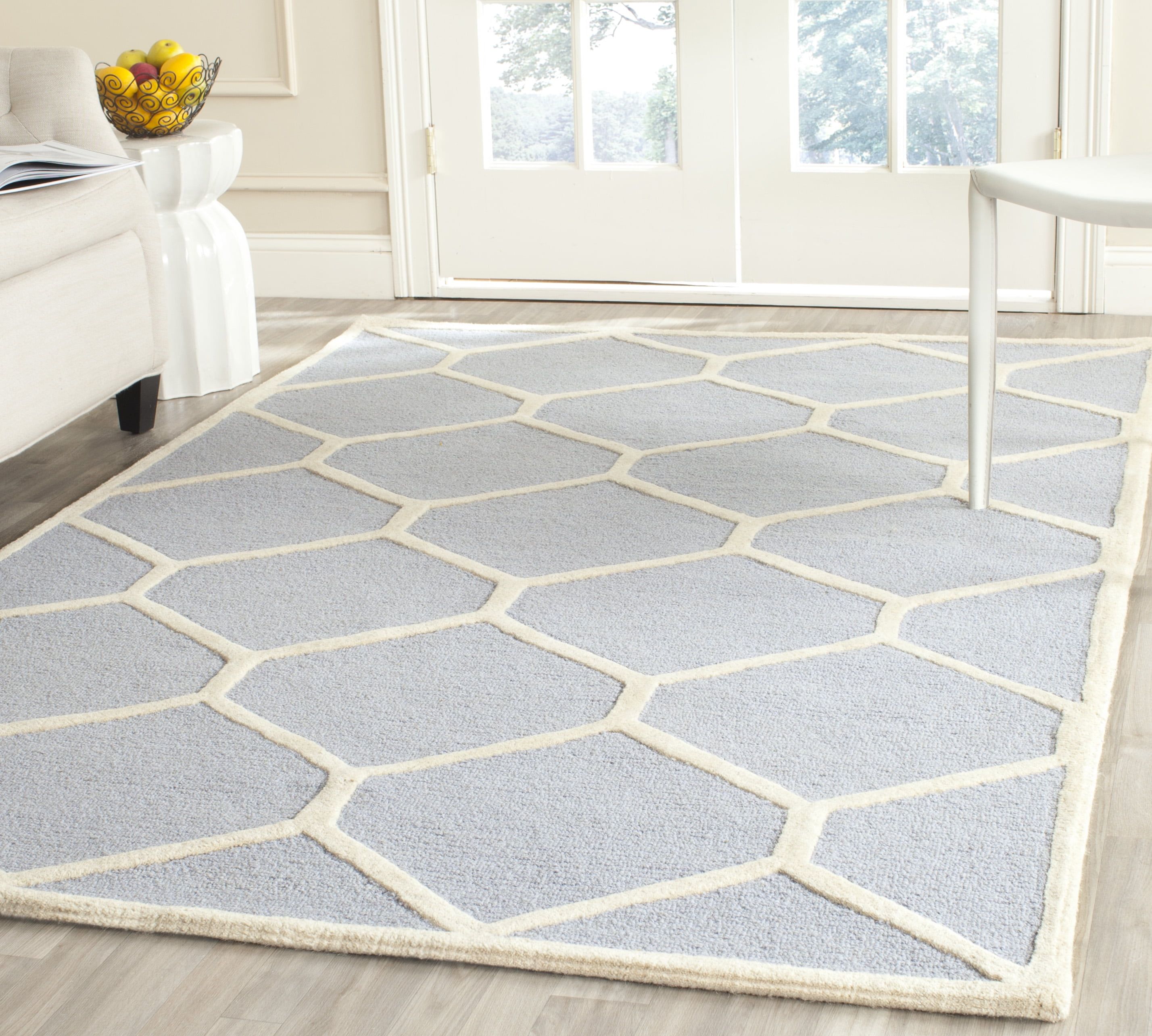 Hand-Tufted Light Blue and Ivory Wool Geometric Area Rug