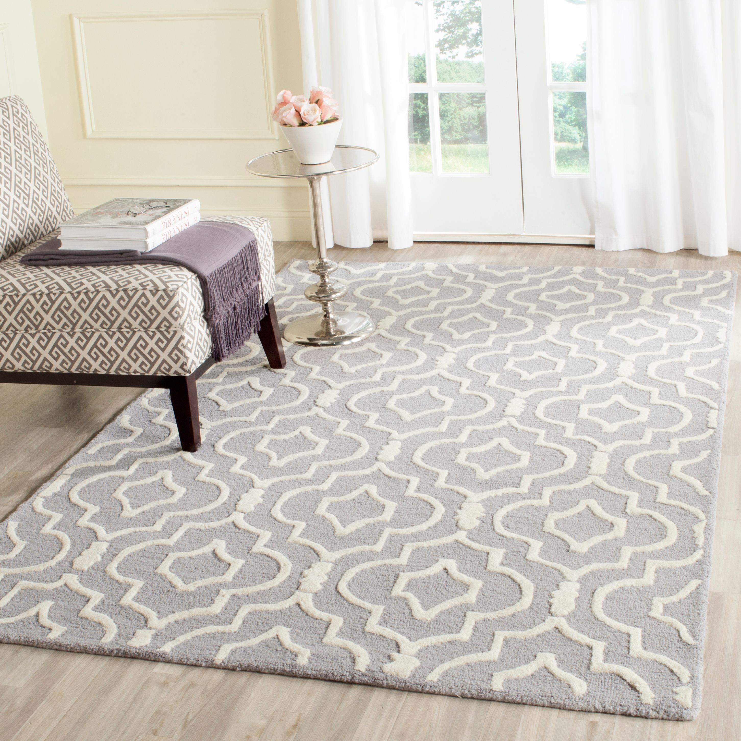 Hand-Tufted Silver & Ivory Square Wool Rug, 9' x 12'