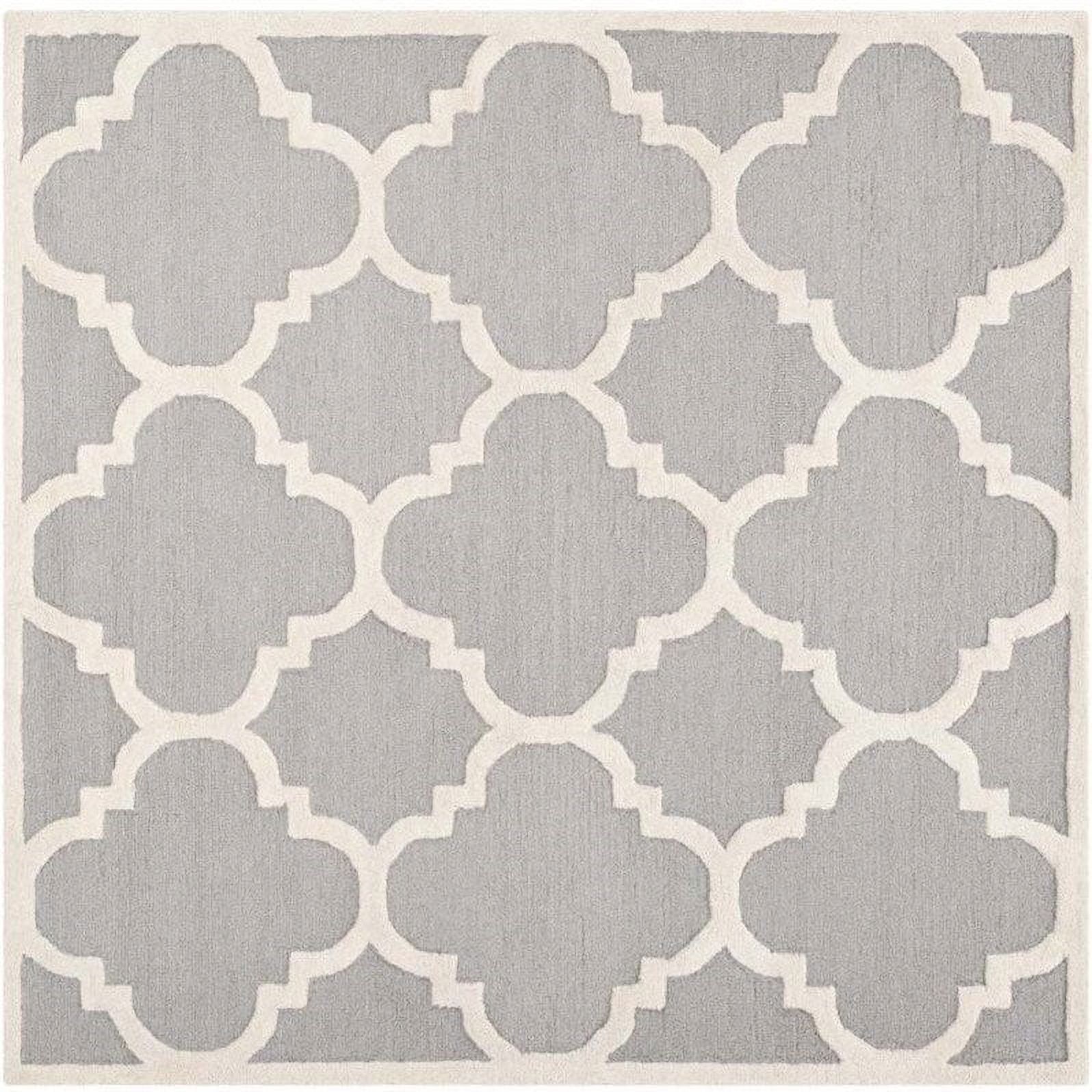 Silver and Ivory Geometric Hand-Tufted Wool Square Rug