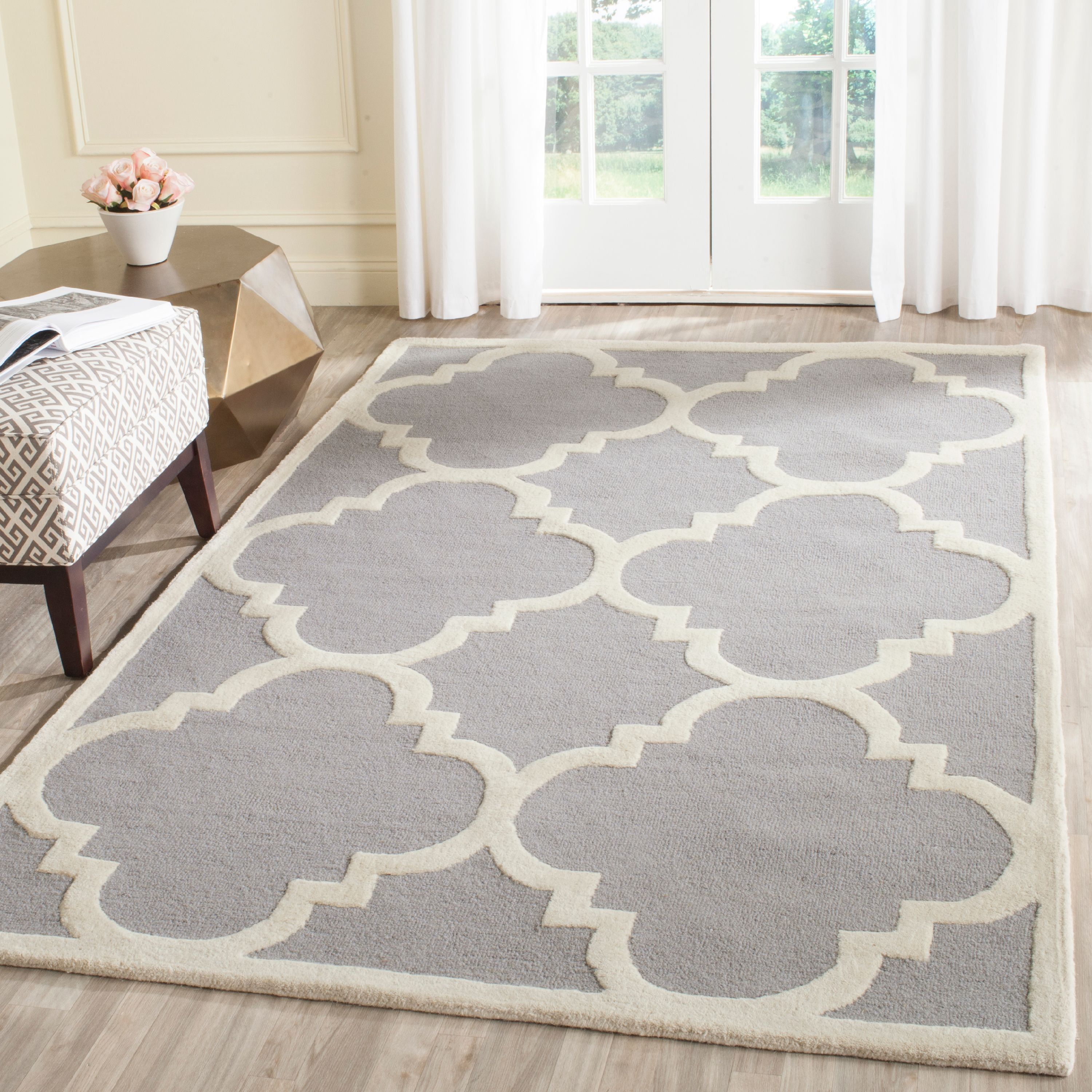 Silver and Ivory Hand-Tufted Wool Area Rug, 9' x 12'