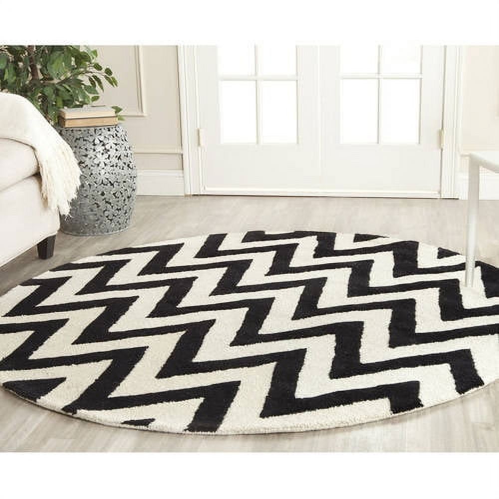 Ivory and Black Round Hand-Tufted Wool Rug, 4' Diameter