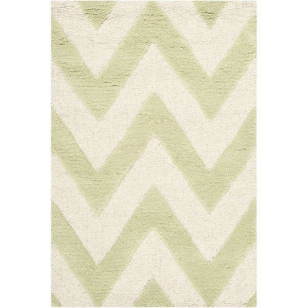 Ivory and Light Green Hand-Tufted Wool Chevron Rug