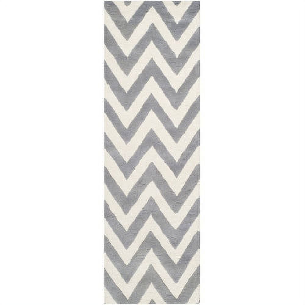 Silver and Ivory Hand-Tufted Wool Zig Zag Runner Rug