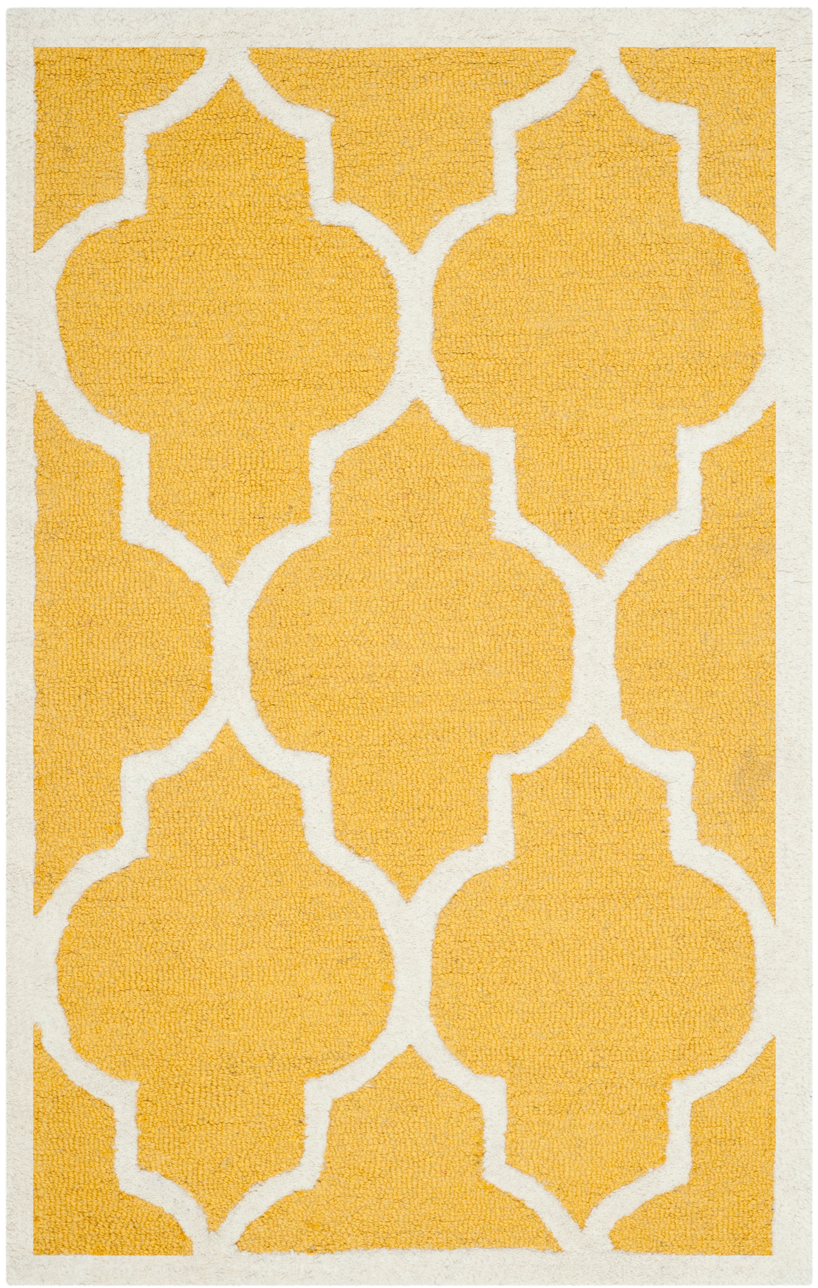 Handmade Gold and Ivory Quatrefoil Wool Accent Rug 2' x 3'