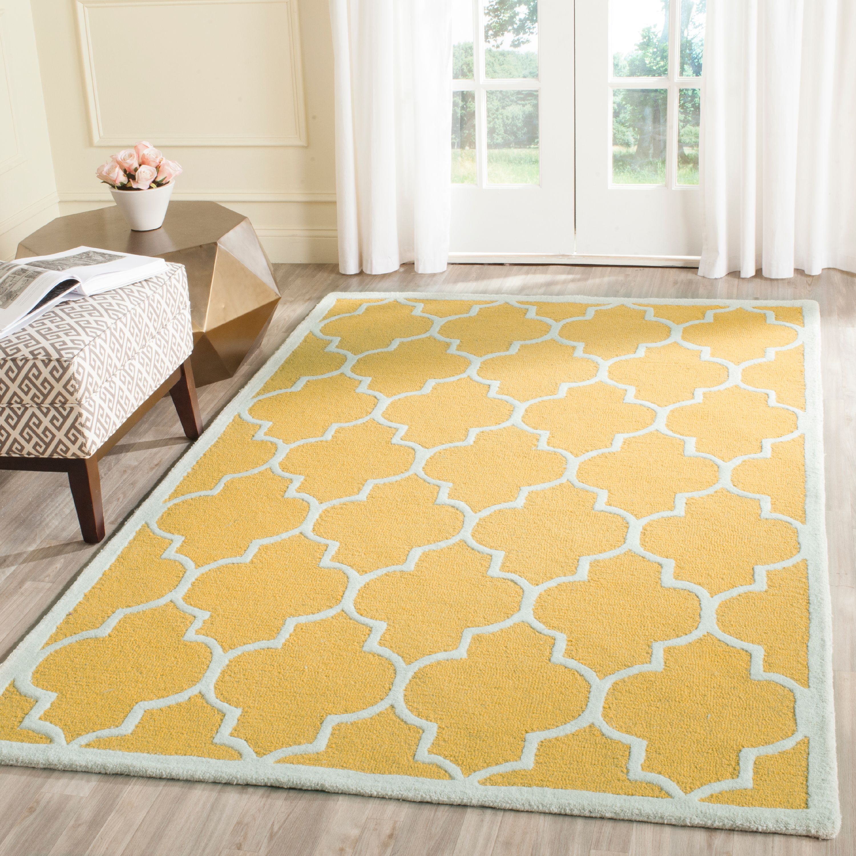 Gold and Ivory Geometric Wool 8' Square Area Rug