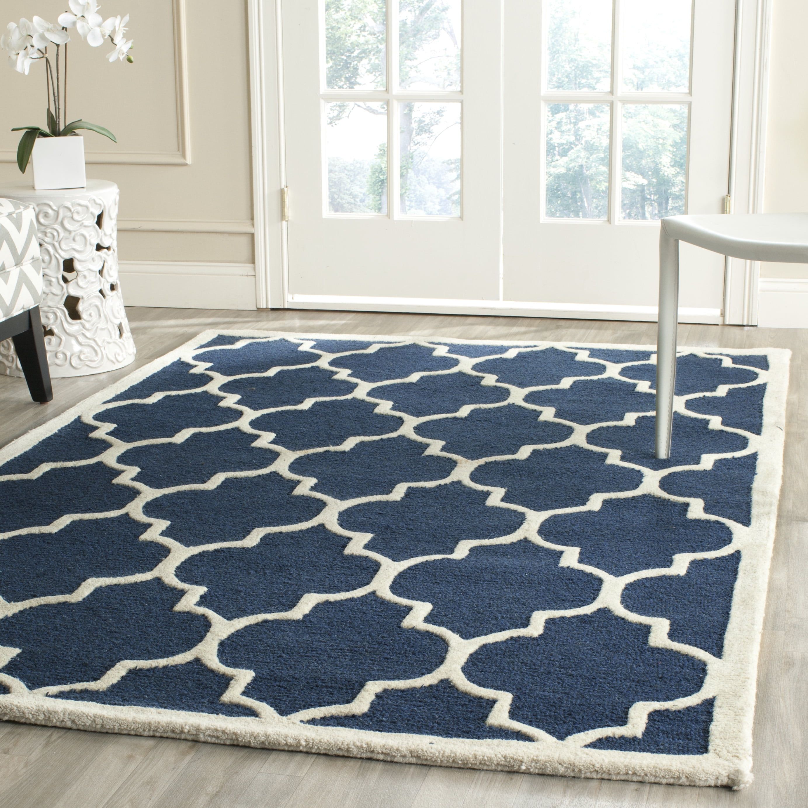 Navy and Ivory Geometric Wool Area Rug, 11' x 15'