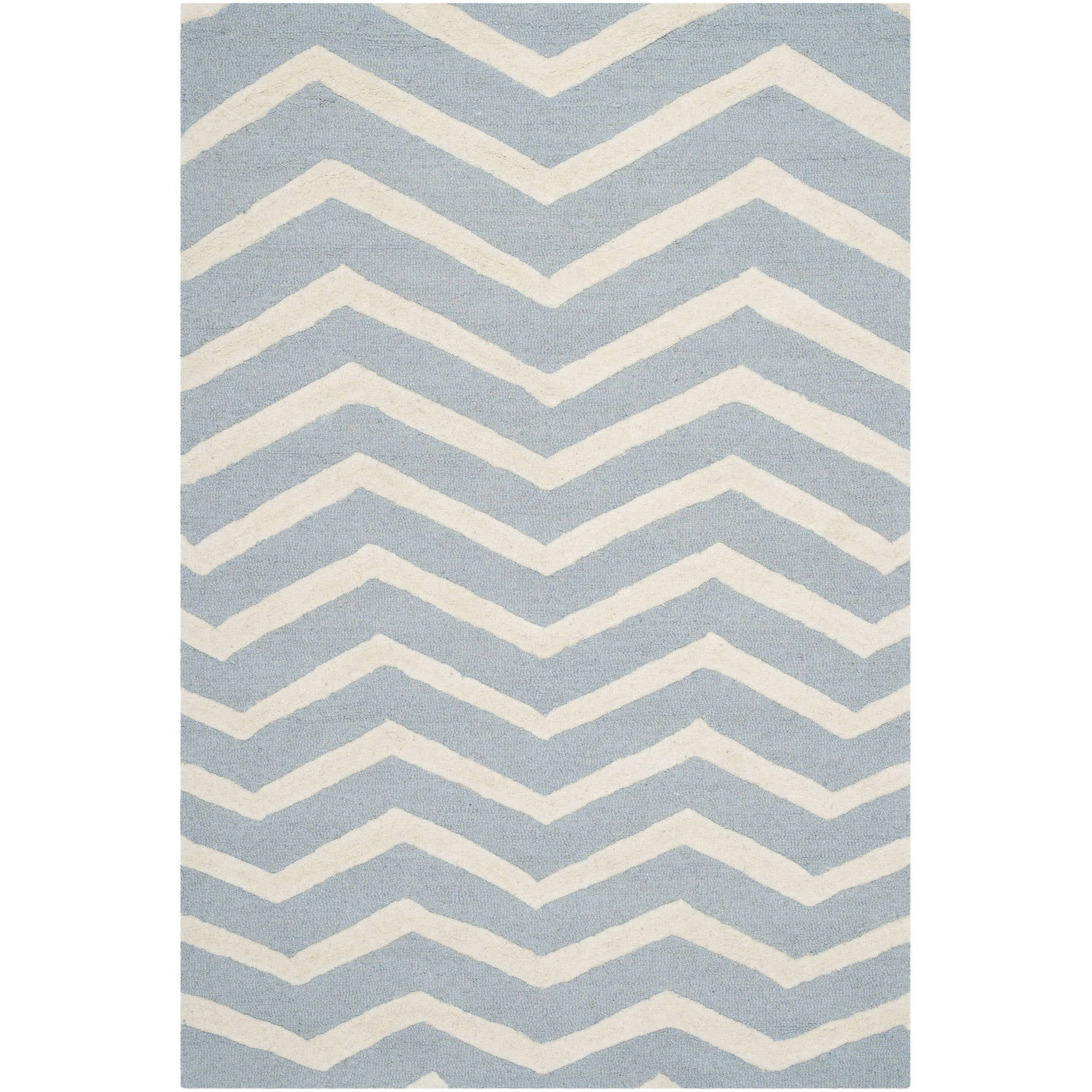 Blue and Ivory Hand-Tufted Wool Zig Zag Area Rug, 6' x 9'