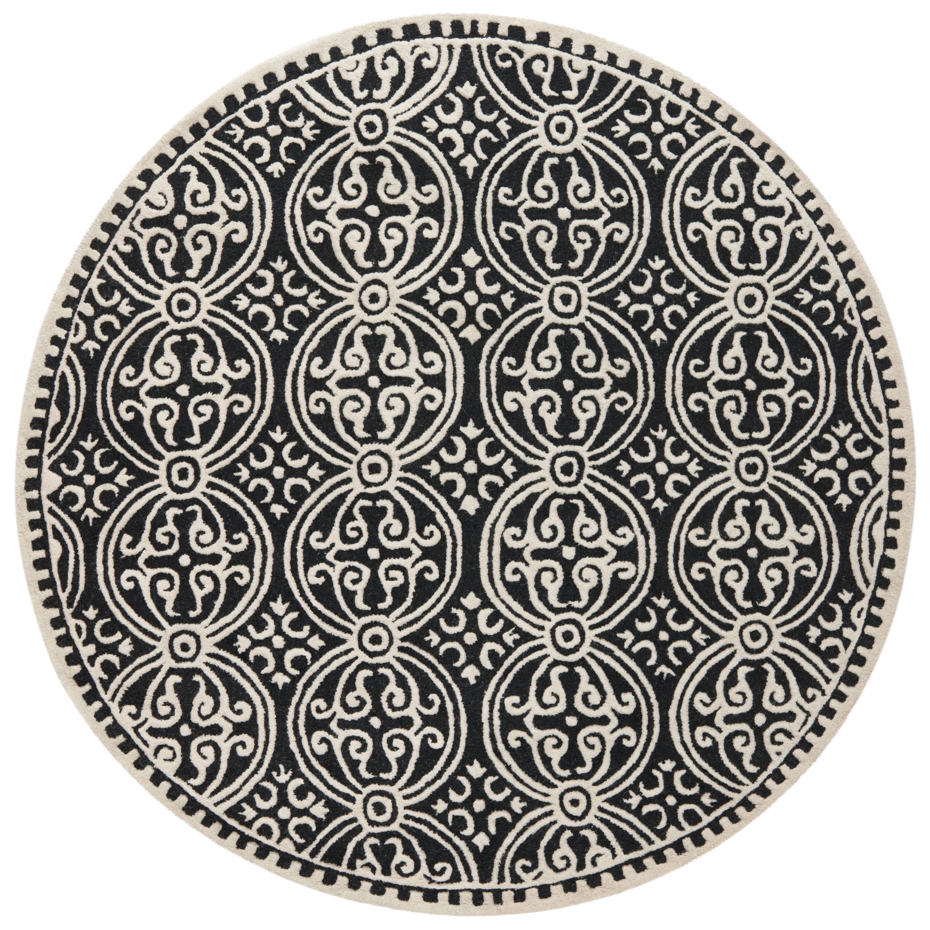 Ivory and Black Round Hand-Tufted Wool Area Rug