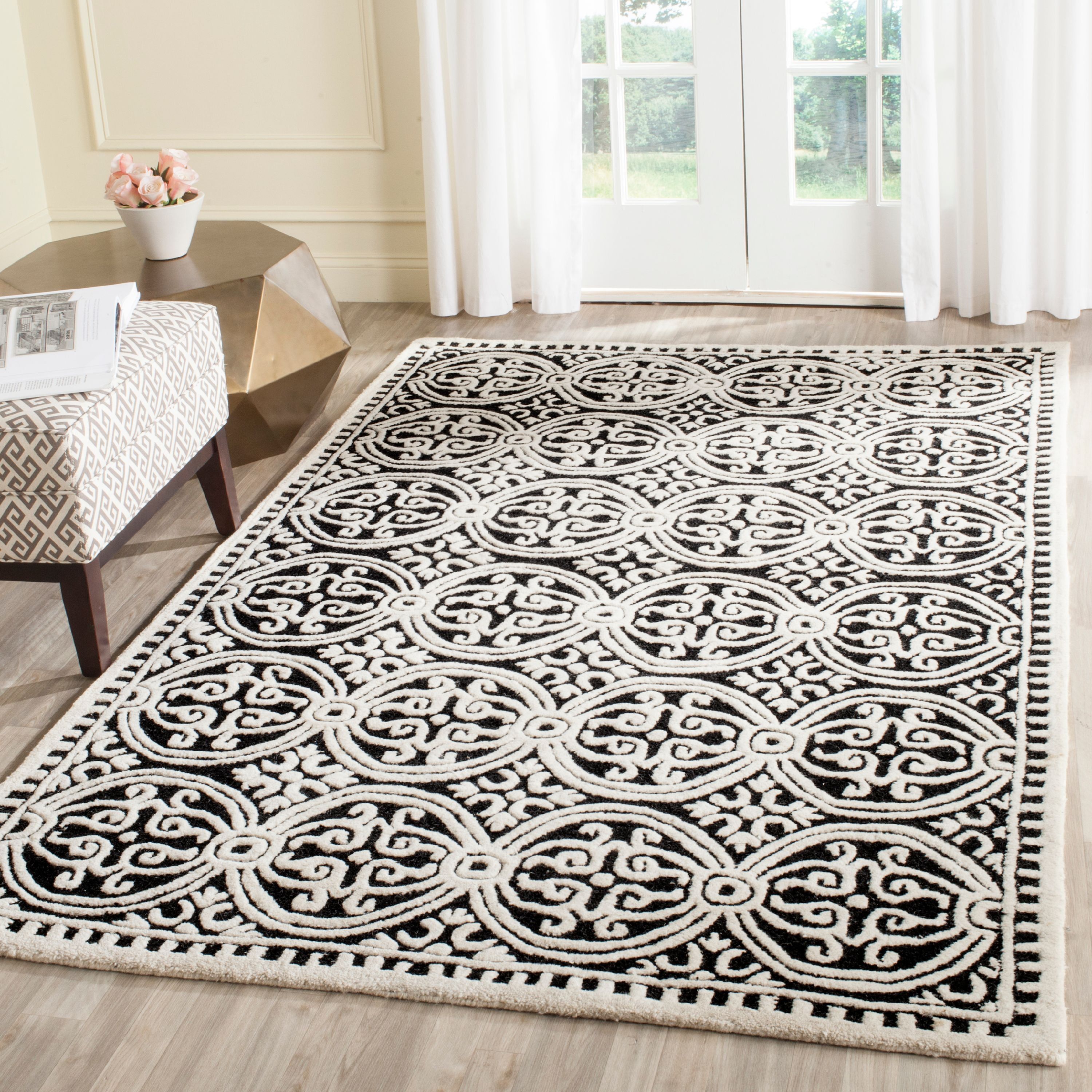 Ivory and Black Hand-Tufted Wool Geometric 10' Square Rug