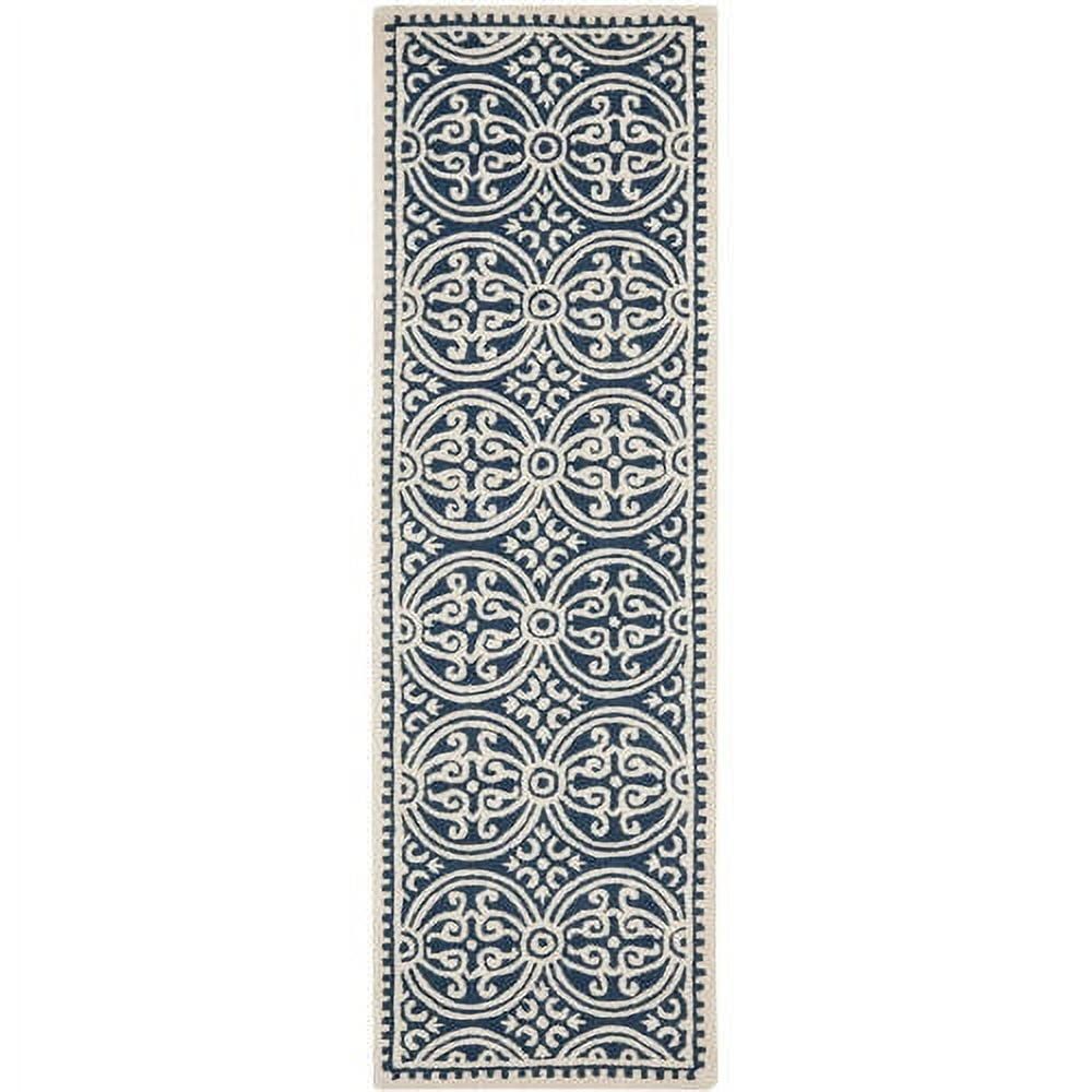Hand-Tufted Ivory and Navy Blue Wool Runner Rug, 2'6" x 18'