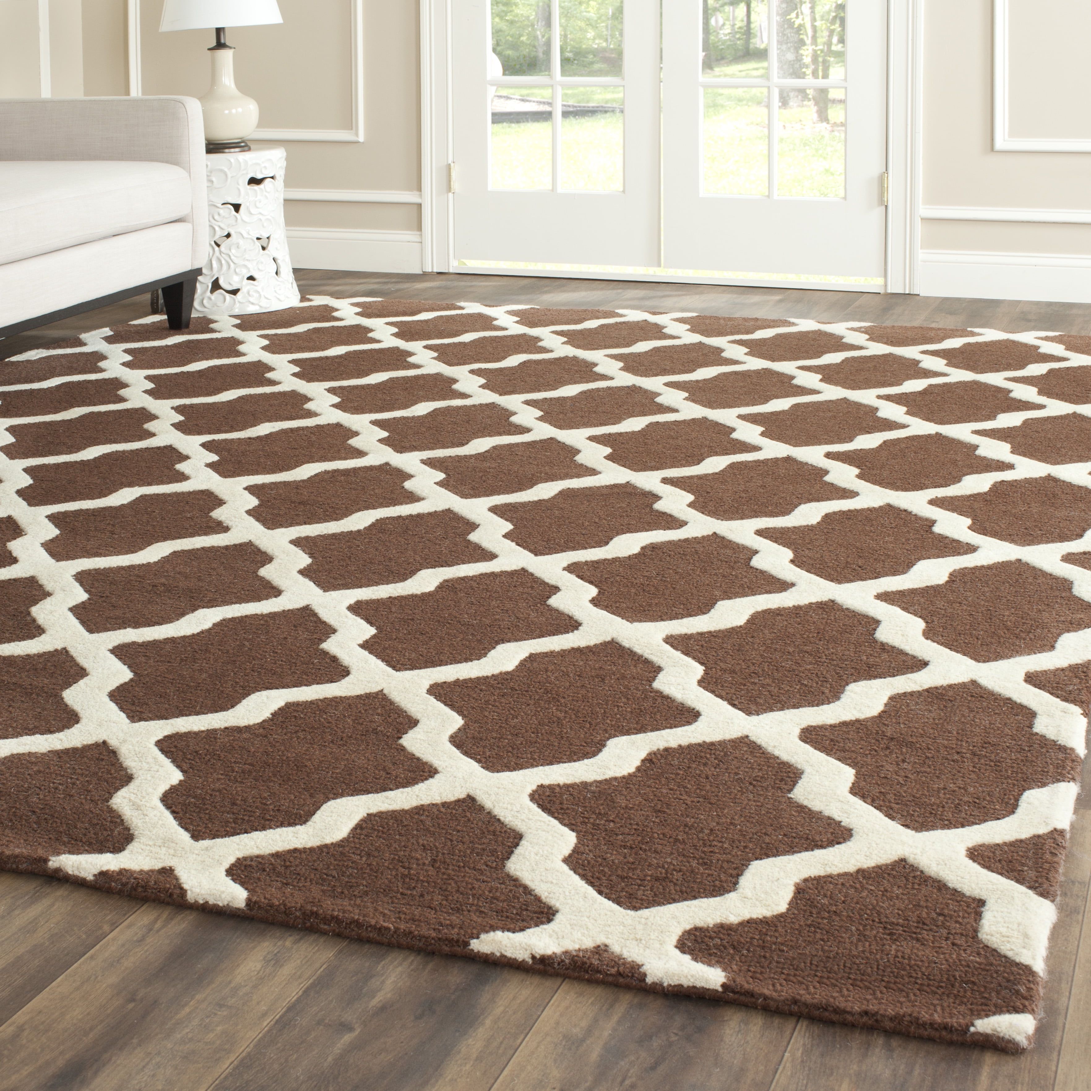 Ivory and Dark Brown Geometric Wool Area Rug, 8' x 10'