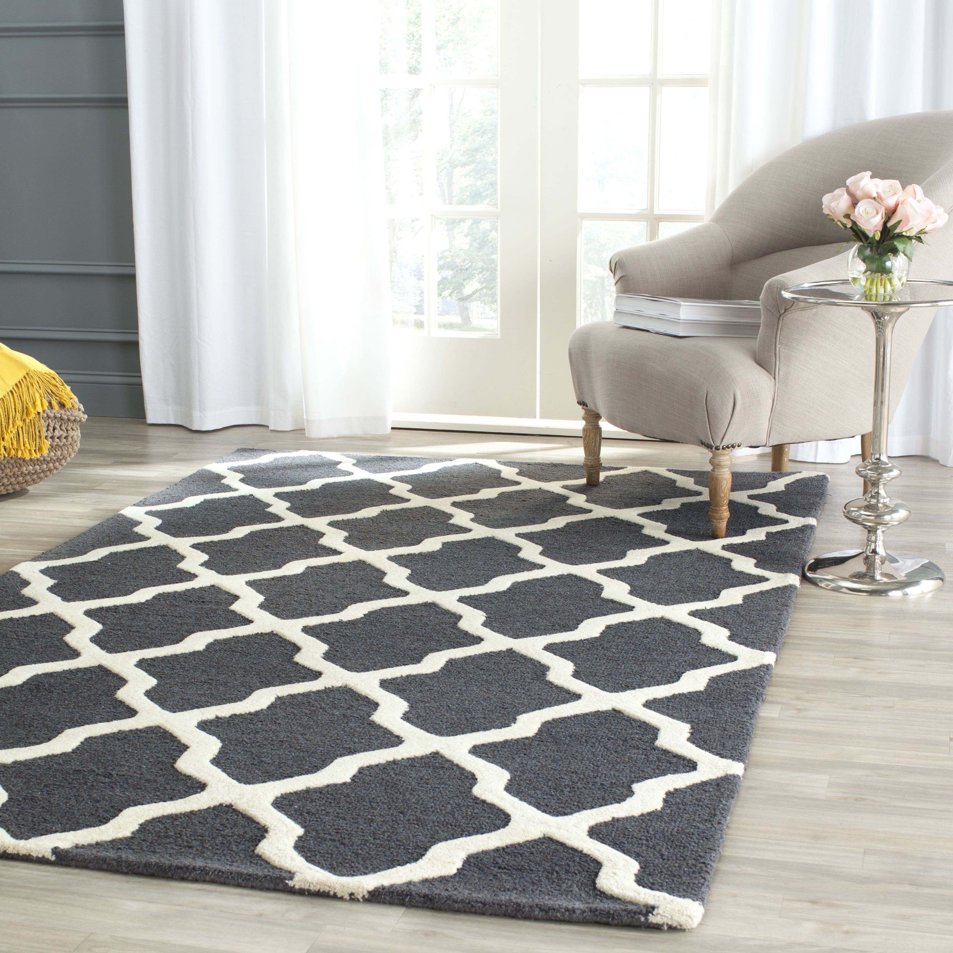 Ivory and Dark Grey Hand-Tufted Wool Geometric Area Rug, 8' x 10'