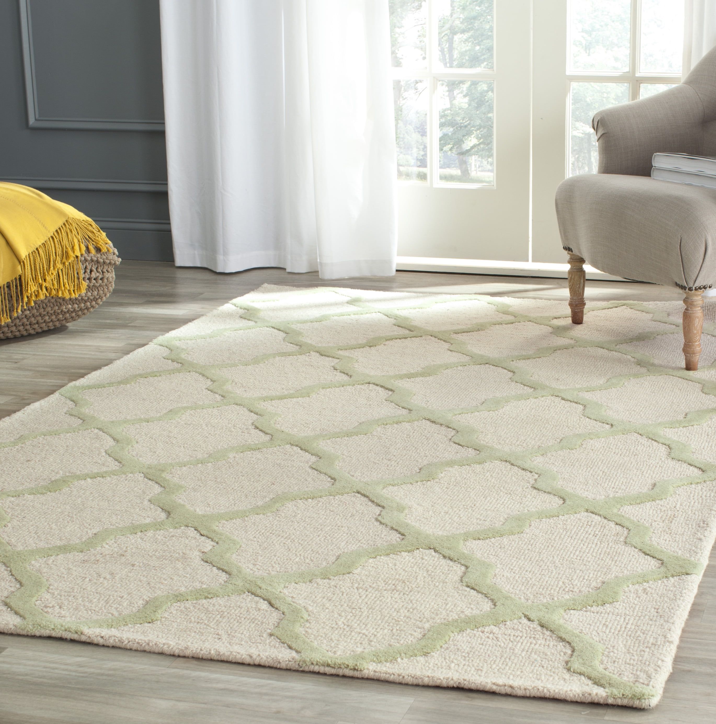 Ivory and Light Green Geometric Wool 3' x 5' Area Rug