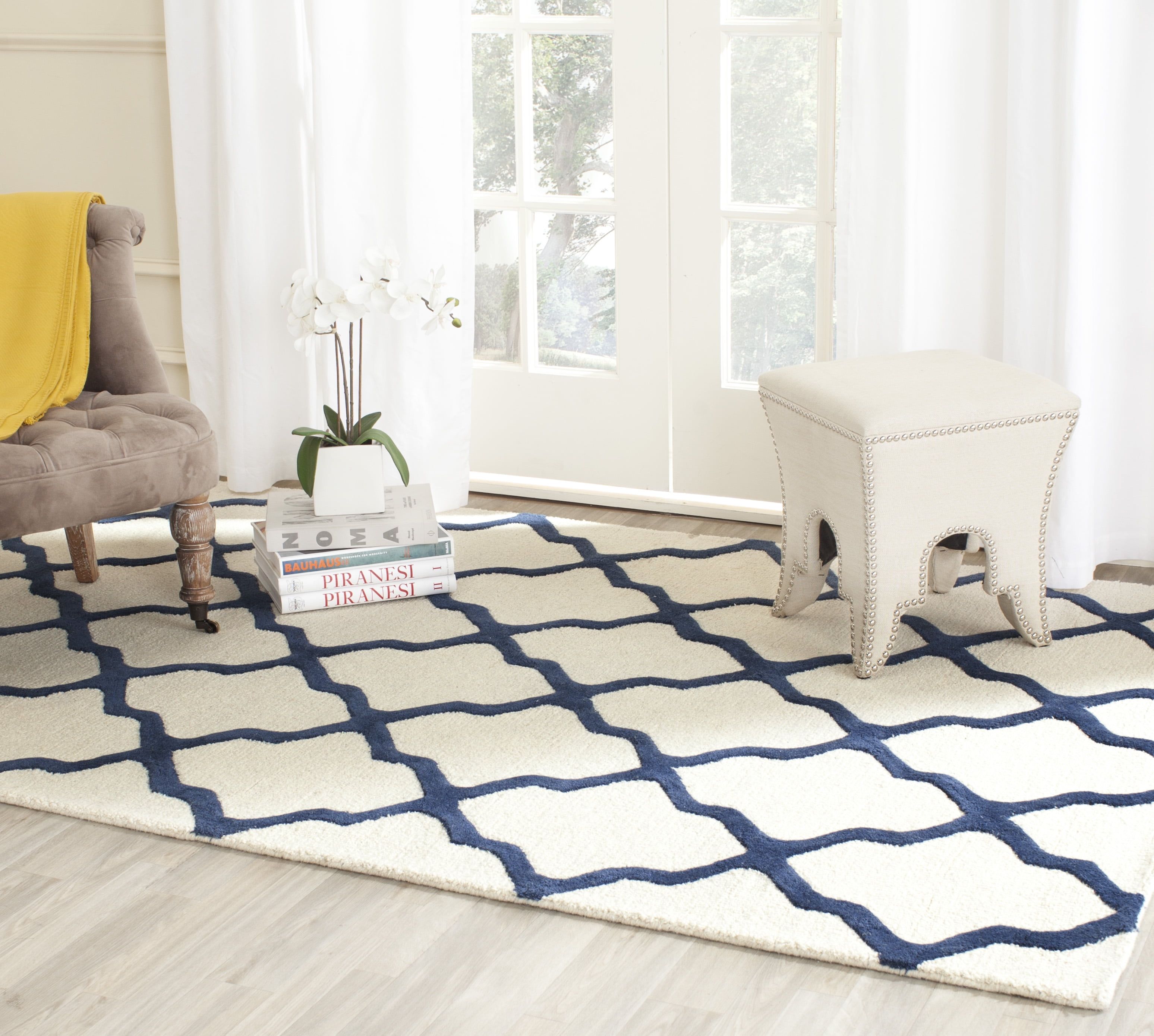 Ivory and Navy Geometric Wool 5' x 8' Area Rug