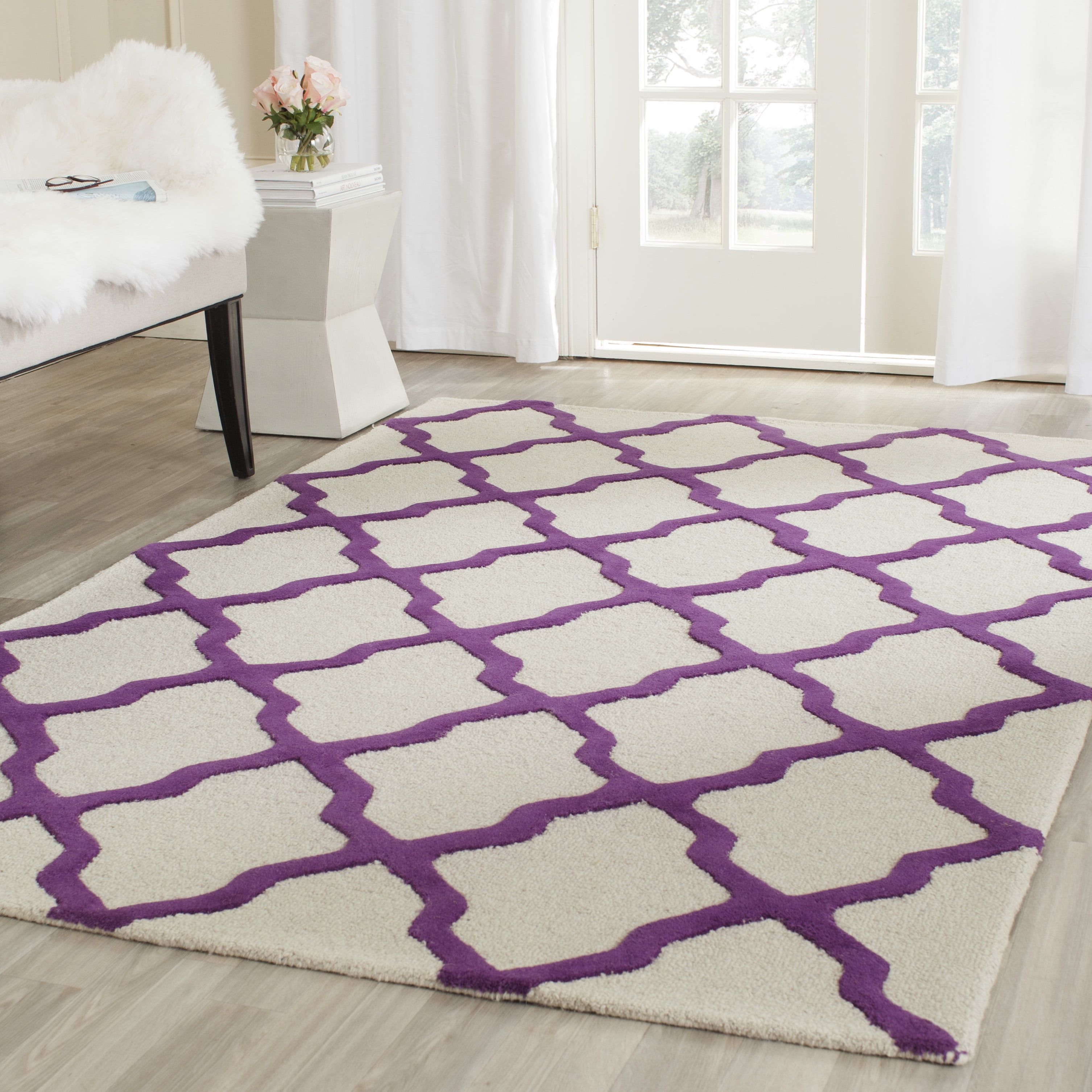 Handmade Purple and Ivory Geometric Wool Area Rug 5' x 8'