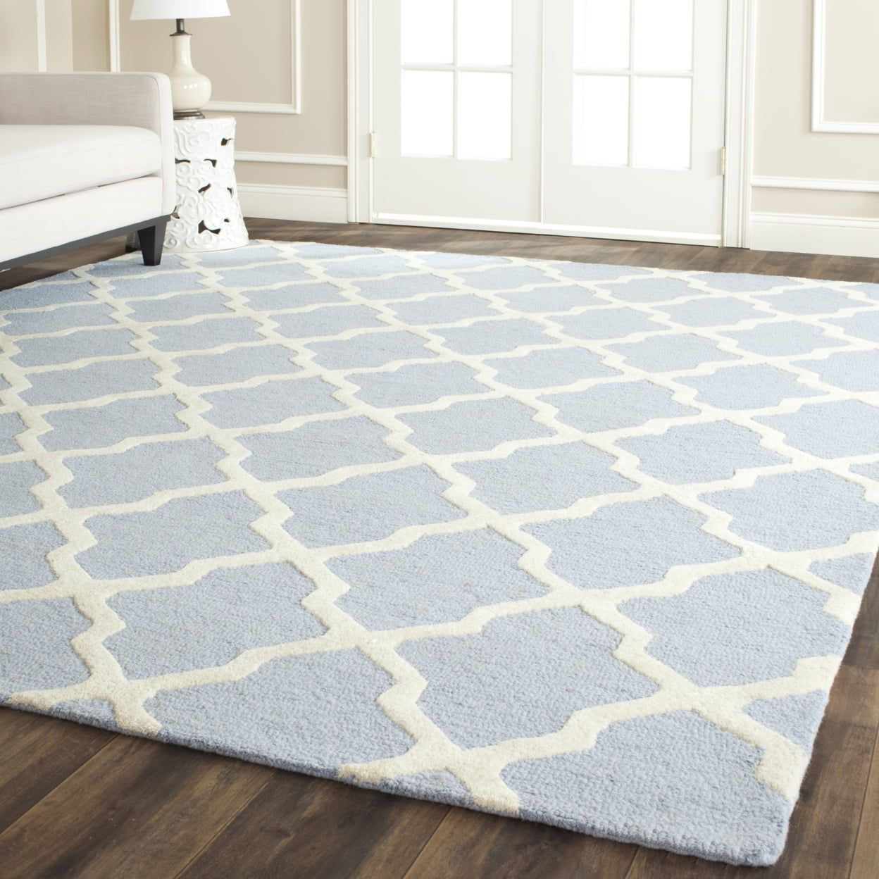 Light Blue and Ivory Geometric Wool Area Rug, 5' x 8'