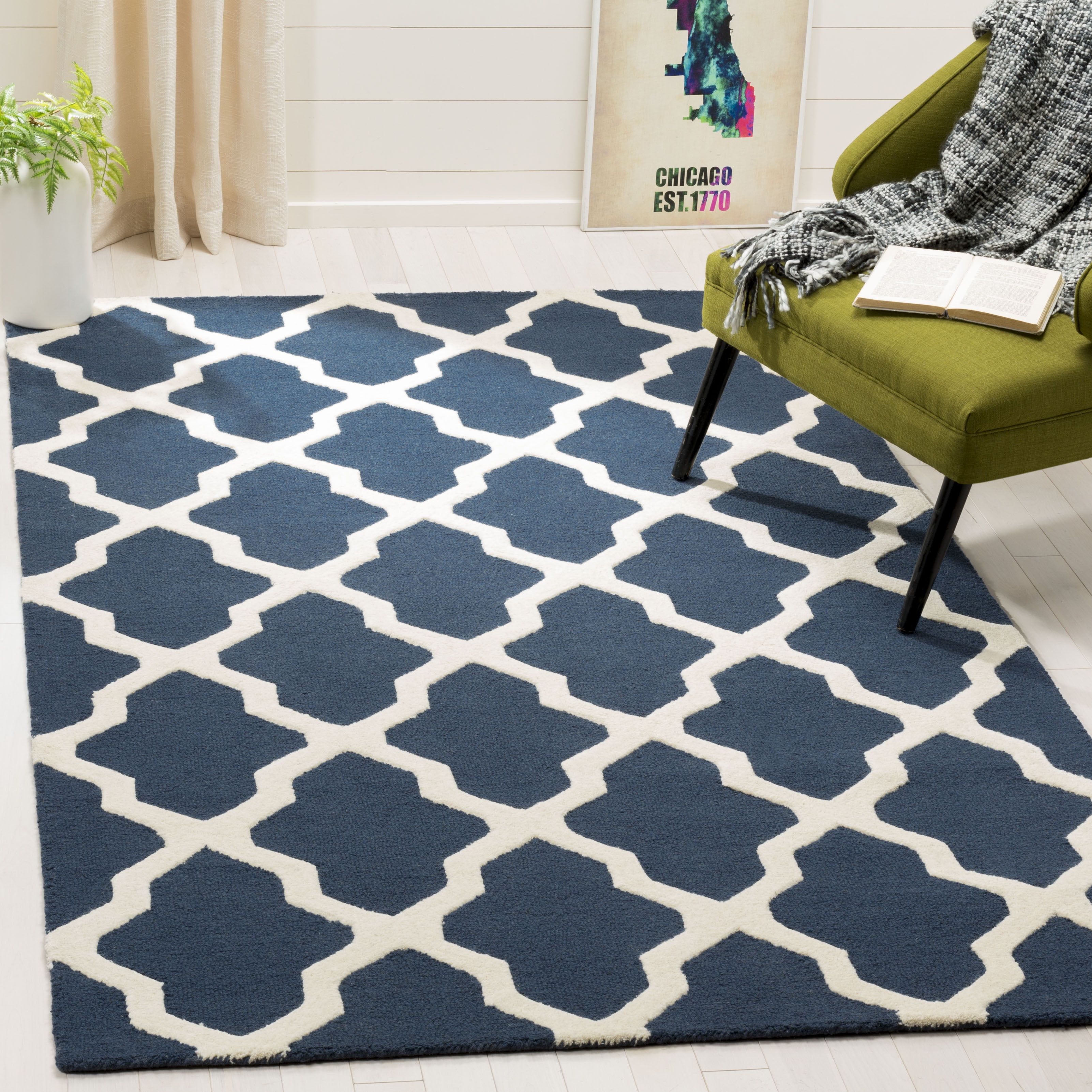 Navy Blue and Ivory Geometric Wool Area Rug, 10' x 14'