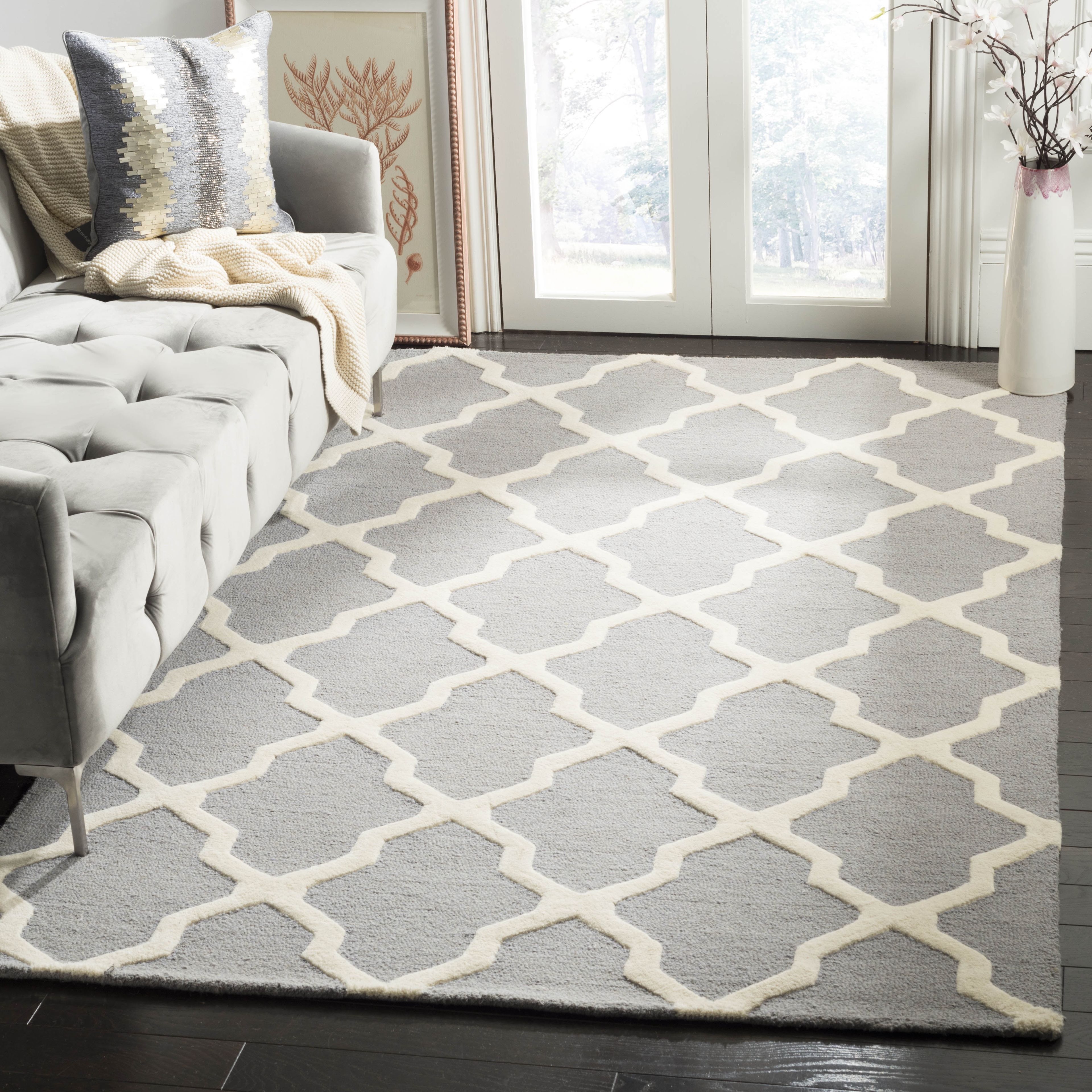 Silver and Ivory Geometric Wool 8' x 8' Square Rug