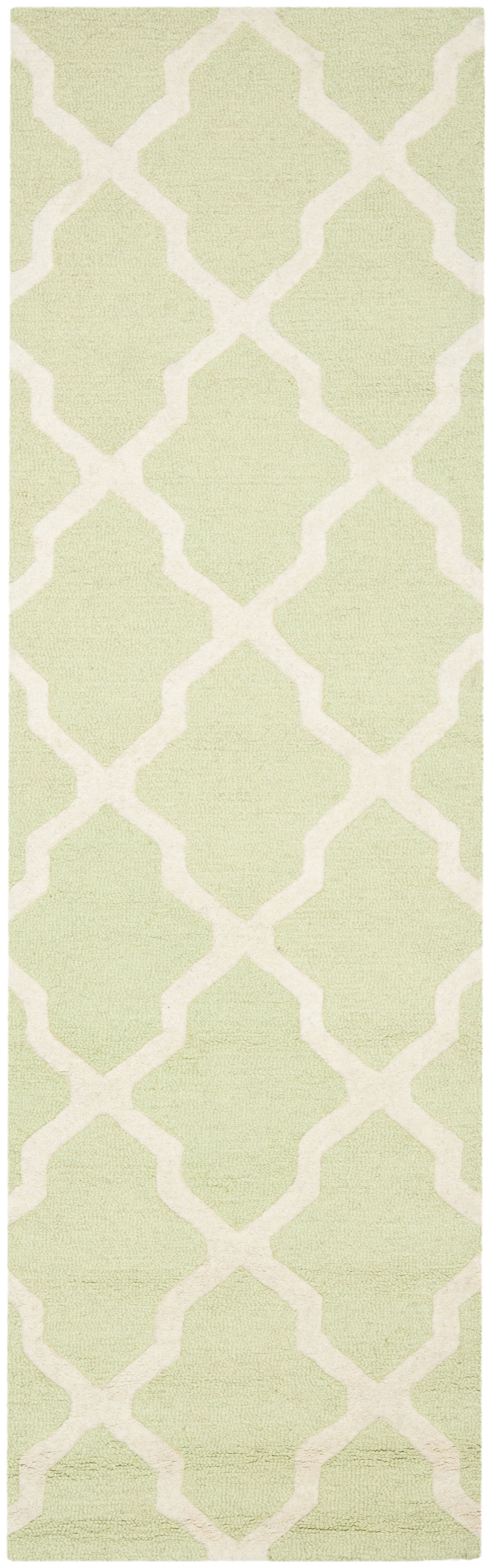 Handmade Light Green and Ivory Wool Geometric Runner Rug