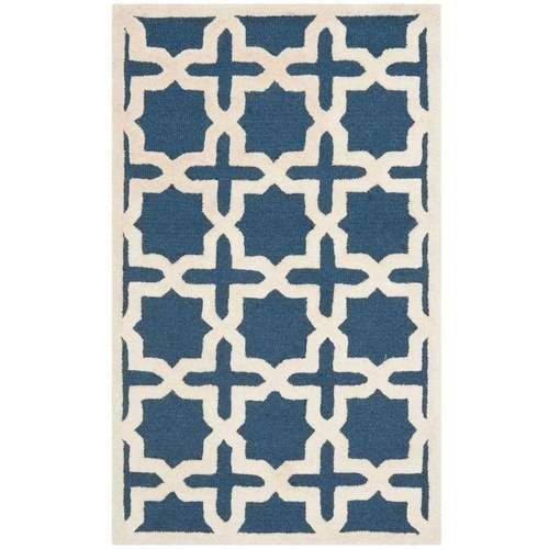 Navy Blue and Ivory Hand-Tufted Wool Square Rug, 4' x 4'