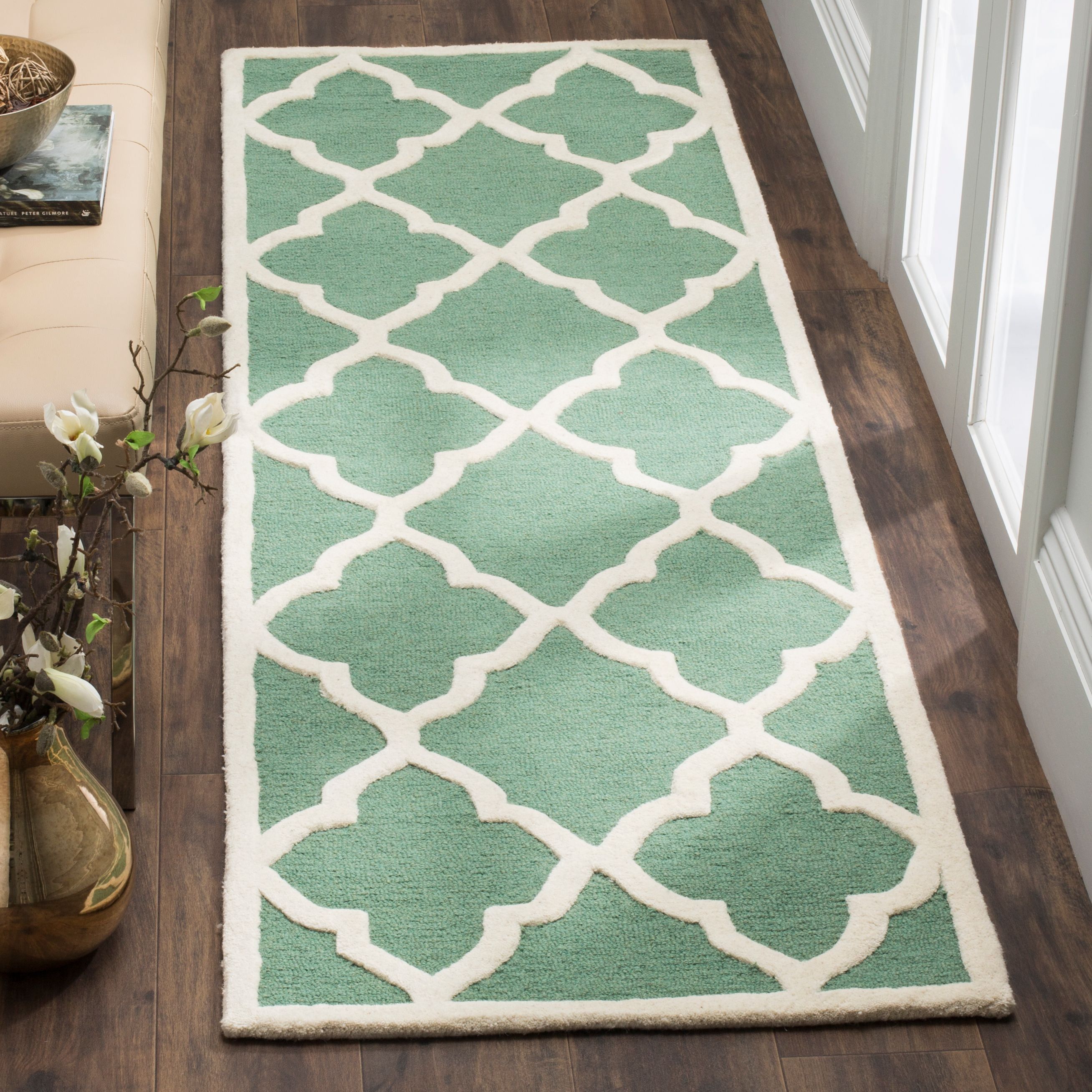 Teal and Ivory Hand-Tufted Wool Area Rug, 2'6" x 8'