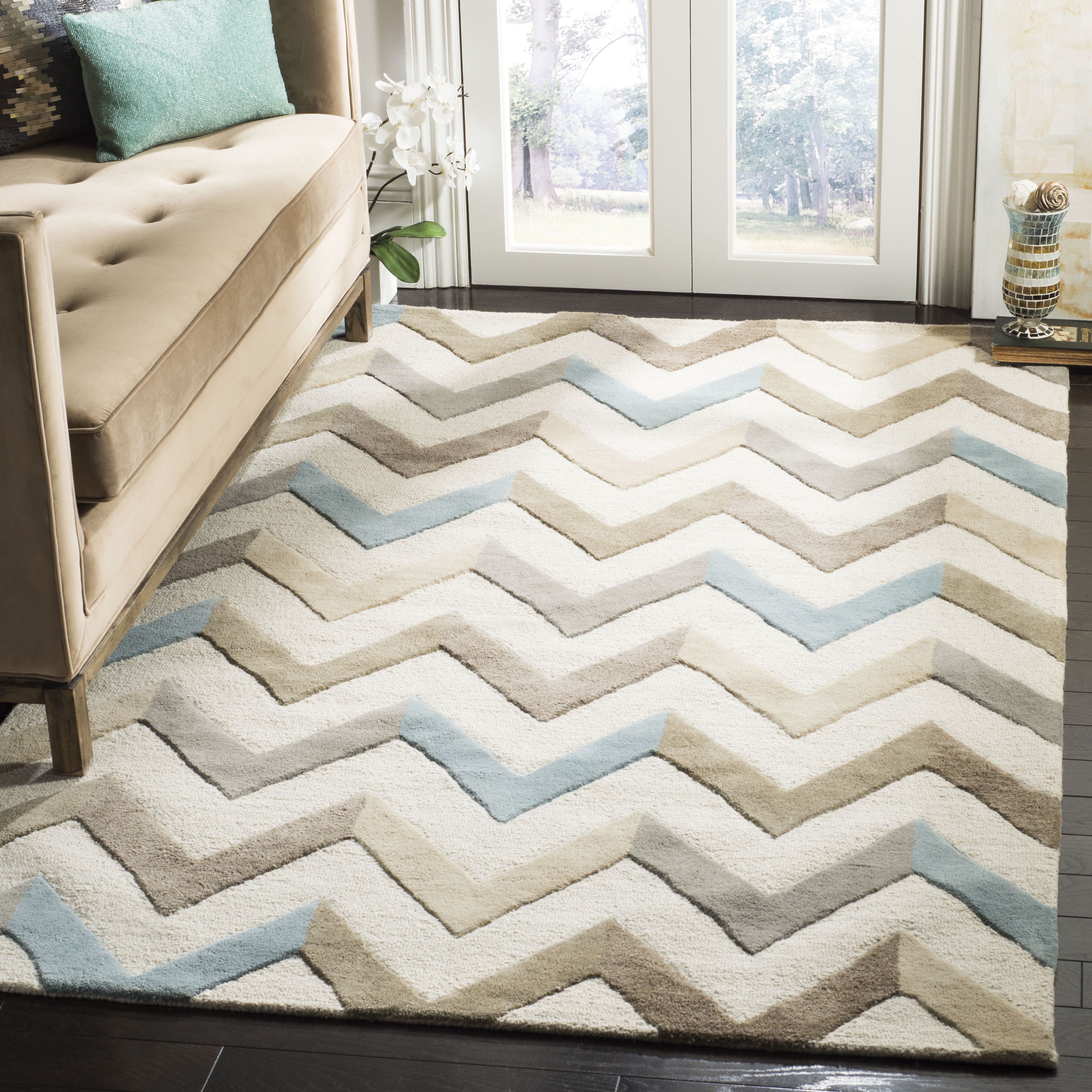 Ivory and Grey Hand-Tufted Wool Zig Zag Area Rug, 9' x 12'