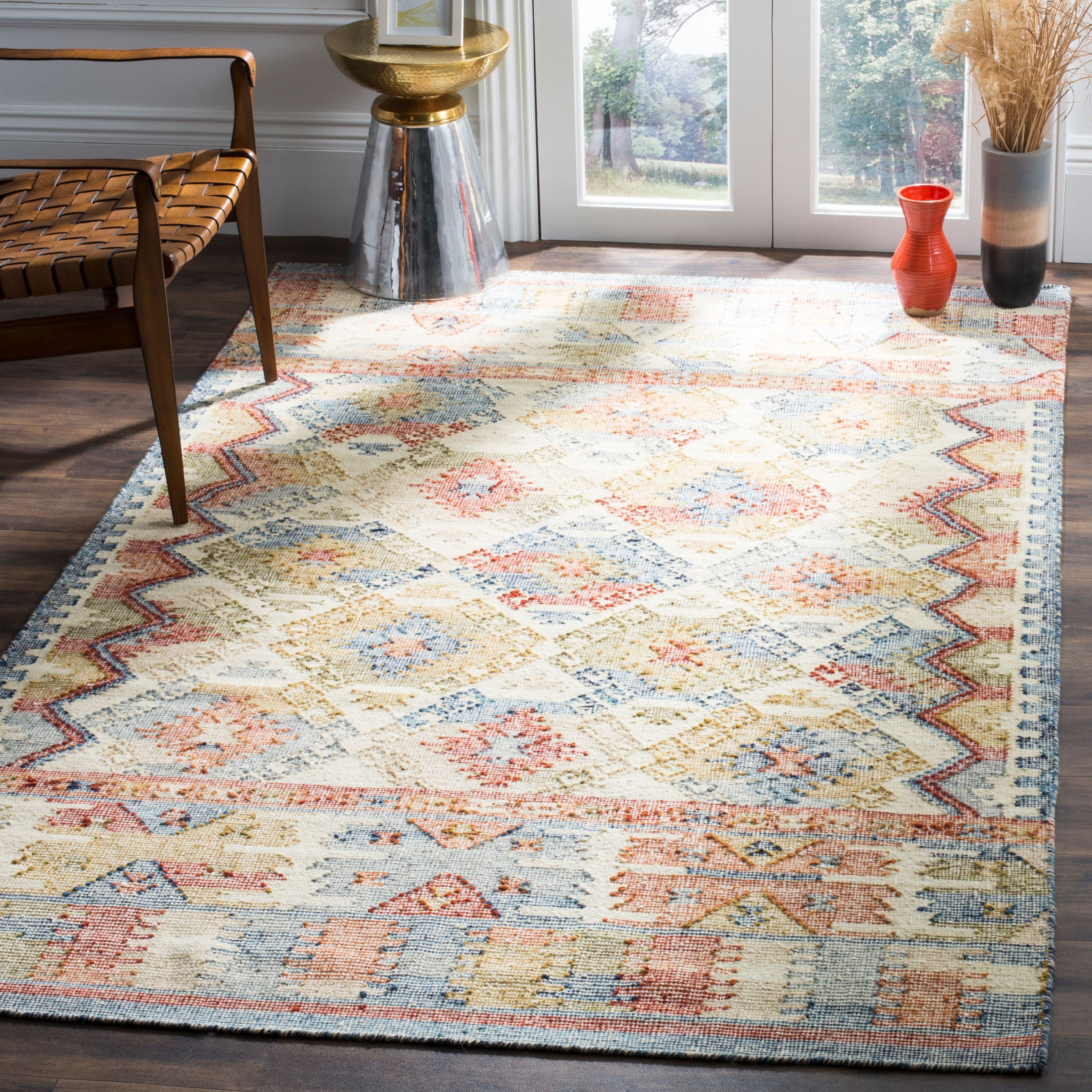 Ivory and Multi 4' x 6' Flat Woven Wool Cotton Rug