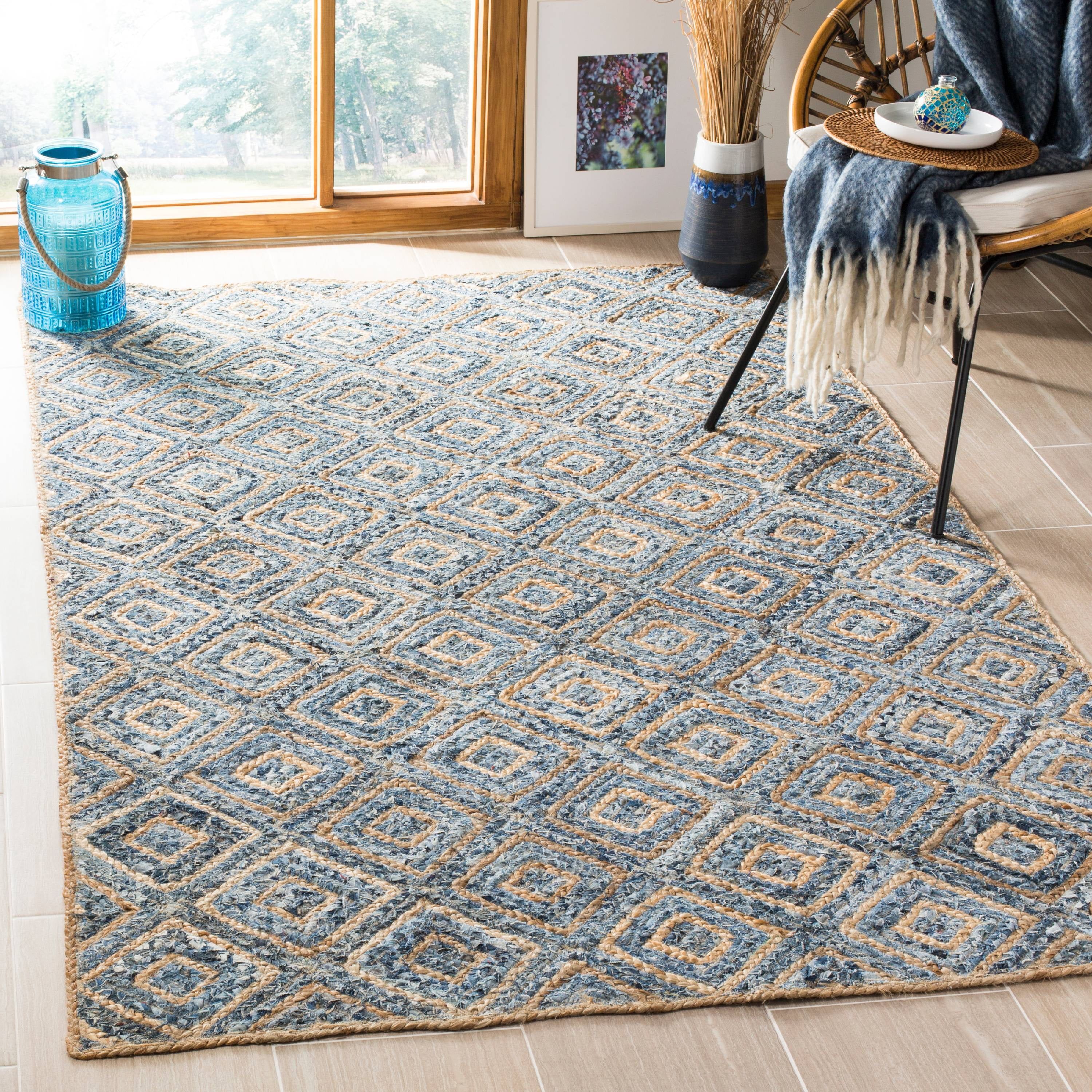 Handwoven Natural Blue Geometric Jute 10' x 14' Area Rug