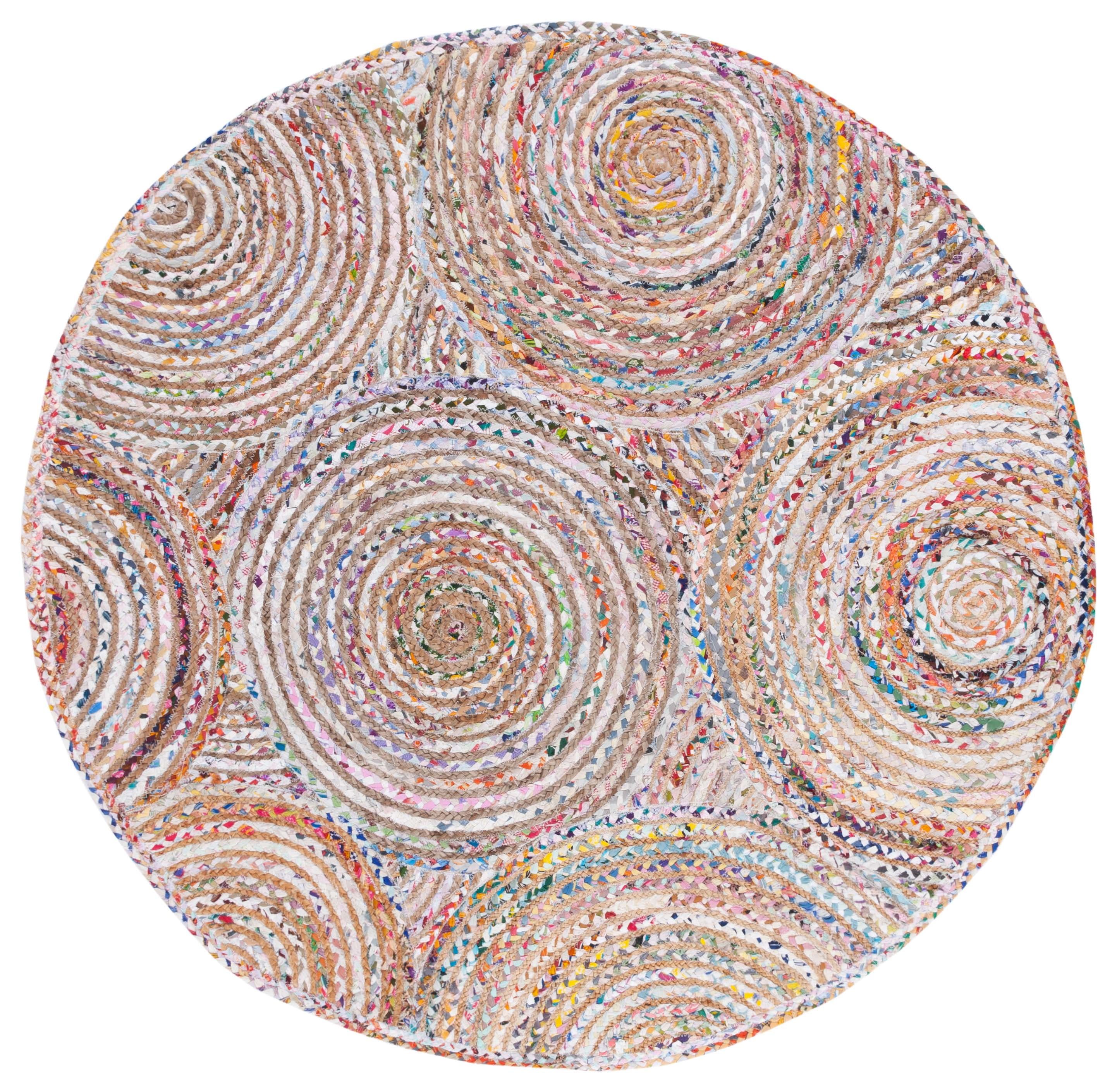 Handmade Beige and Multicolor Braided Round Jute Rug, 4 ft