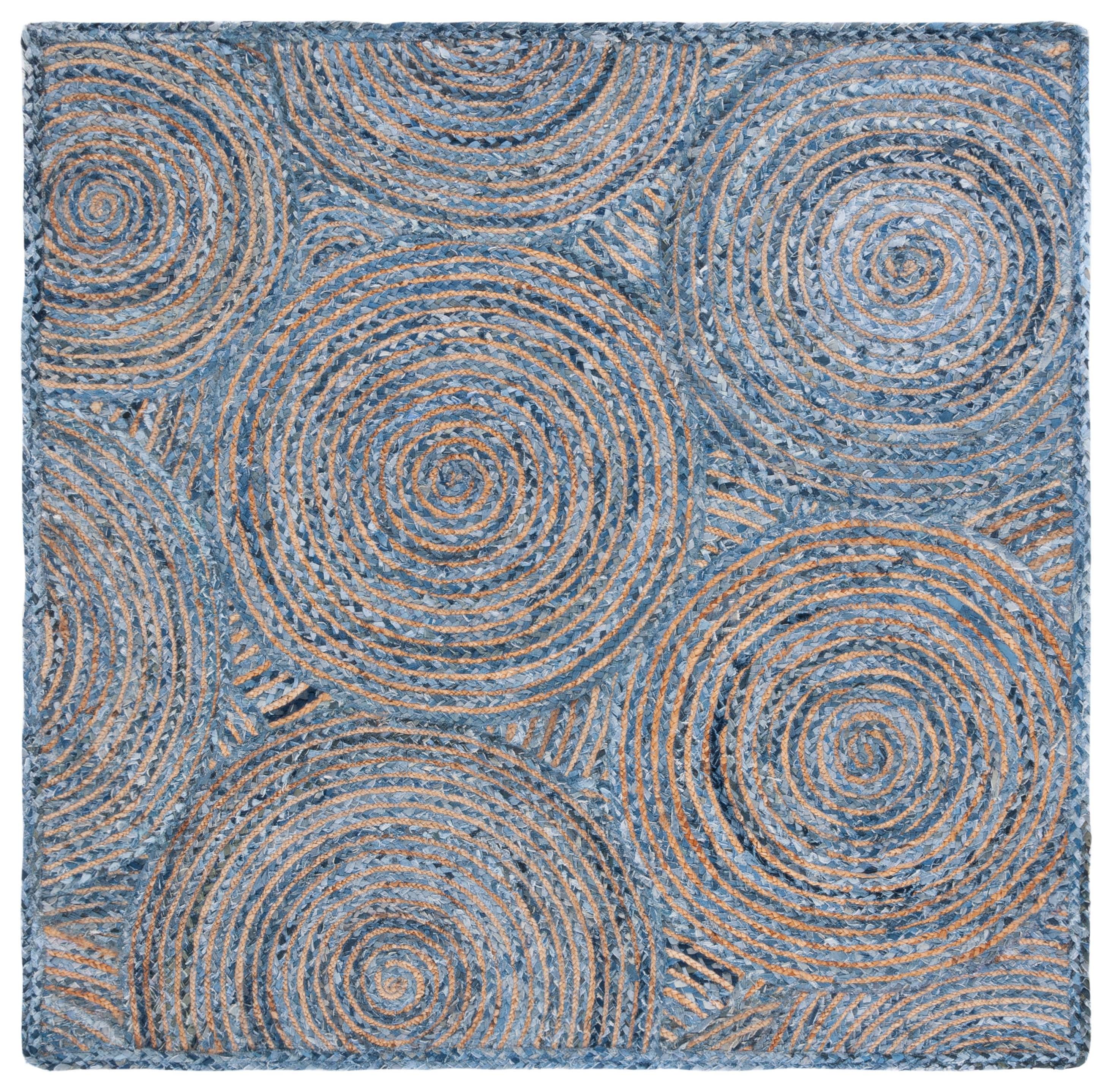 Handwoven Blue and Natural Jute Geometric Square Rug, 4'