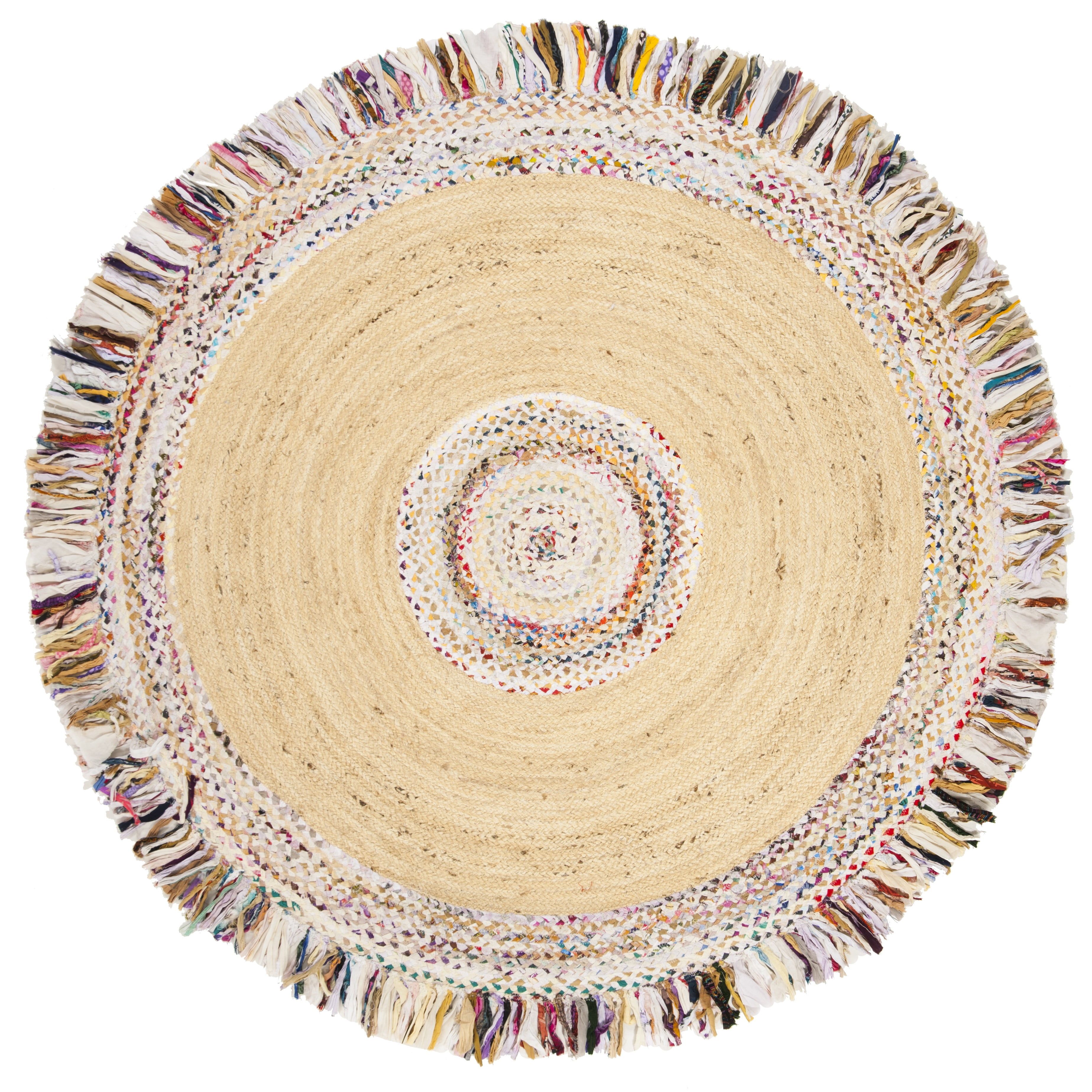 Ivory and Light Beige Round Cotton and Jute Area Rug with Fringe