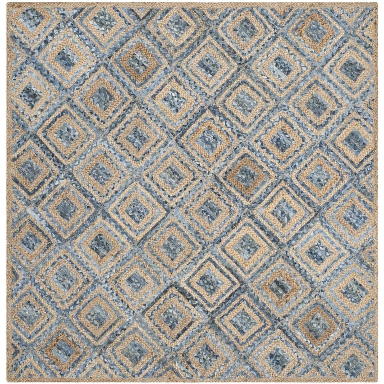 Handwoven Natural Blue Jute Square Geometric Rug, 4' x 4'