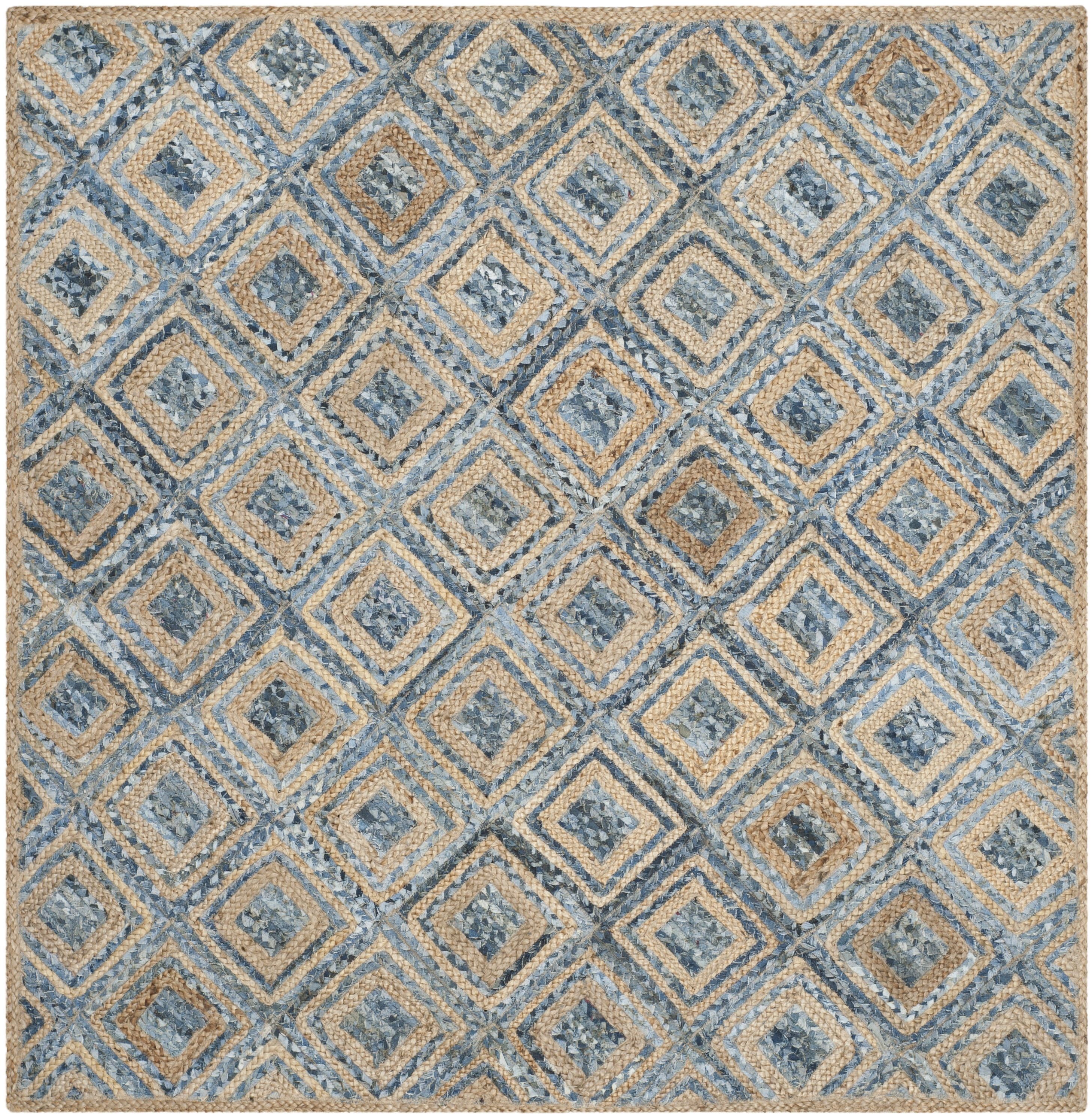 Handwoven Natural Blue Jute Square Geometric Rug, 4' x 4'