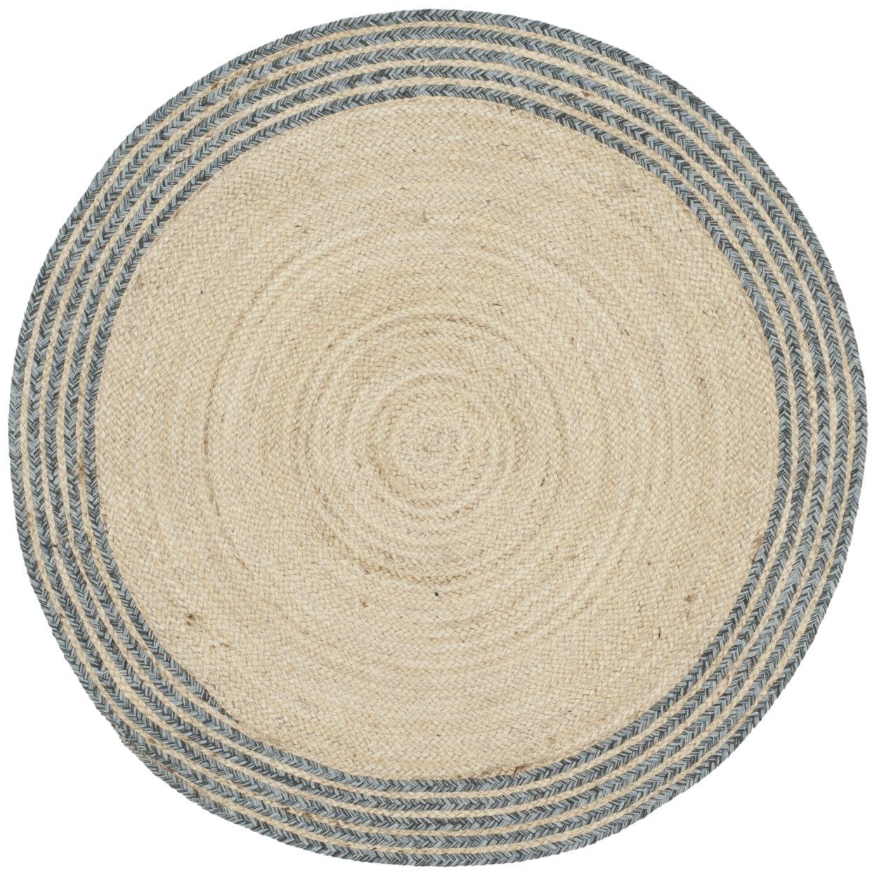 Handmade Ivory and Blue Round Wool Geometric Area Rug