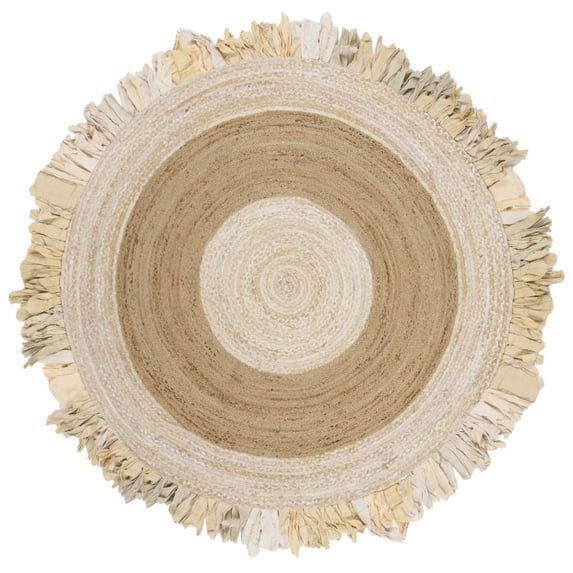 Handmade Beige and Natural Round Cotton and Jute Area Rug