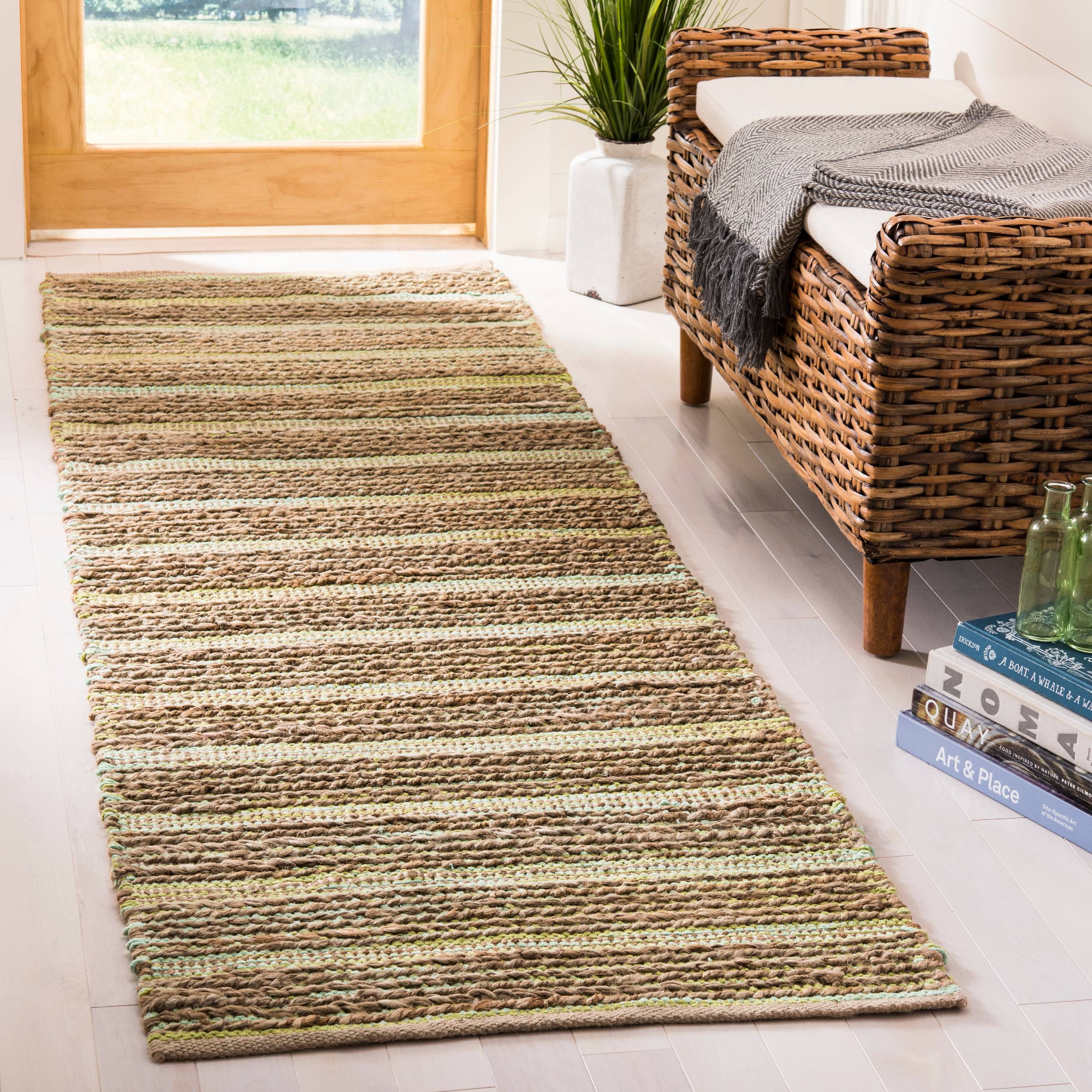 Ivory and Green Handwoven Cotton Runner Rug, 2'3" x 8'