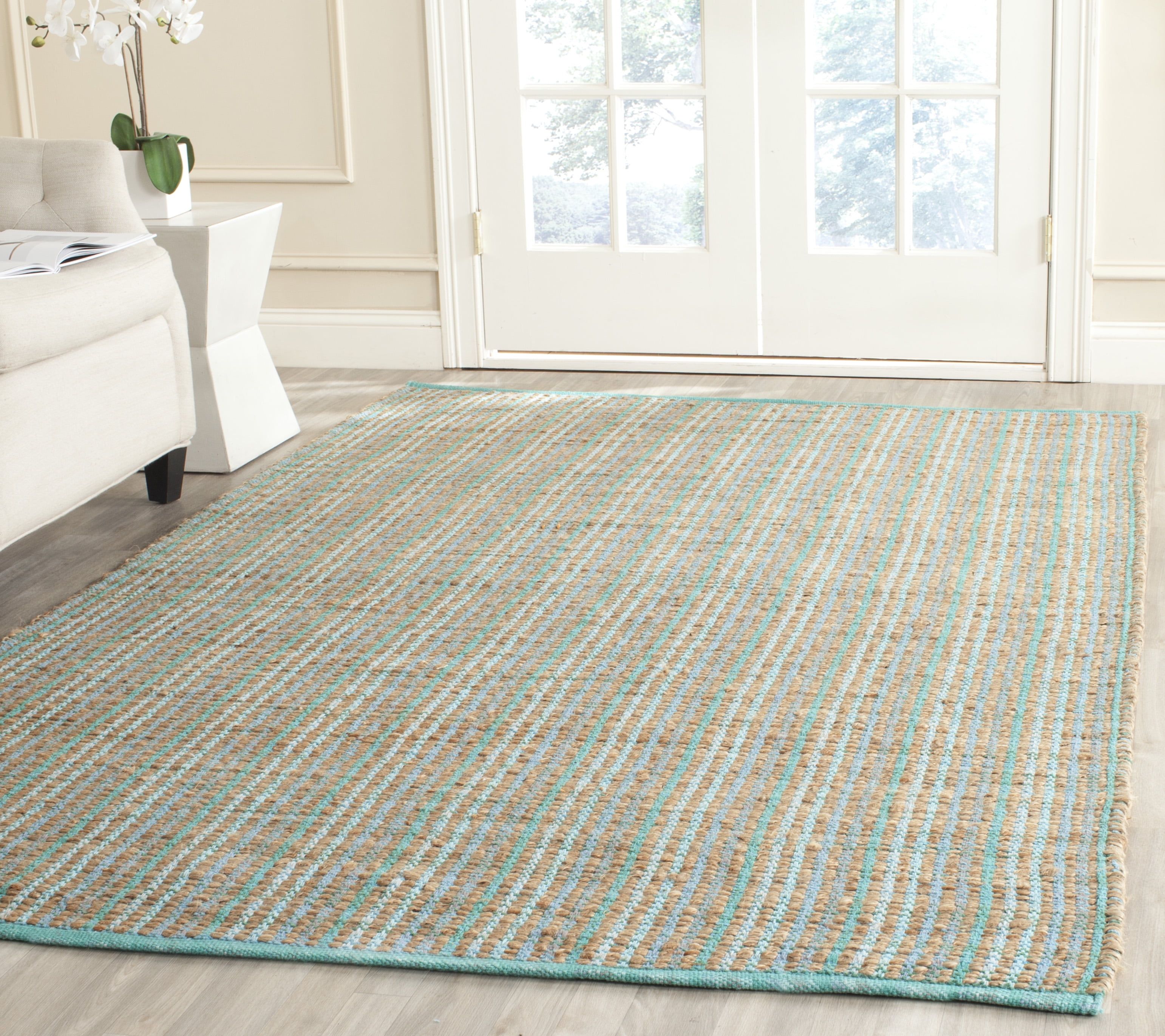 Coastal Charm Green Stripe Square Cotton & Jute 6' Area Rug