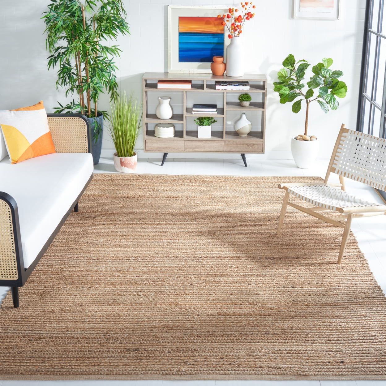 Natural Handwoven Cotton Jute Rectangular Area Rug, 10' x 14'