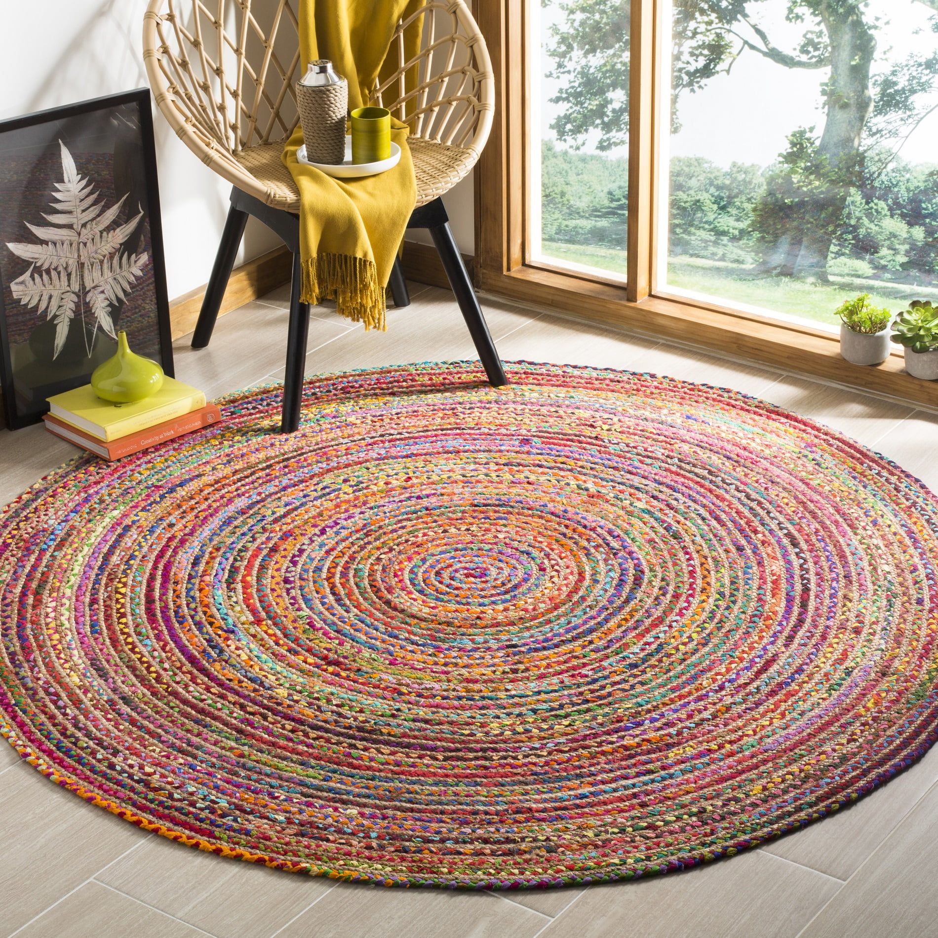 Boho Chic Red & Multi Handmade Round Cotton Area Rug, 5' Diameter