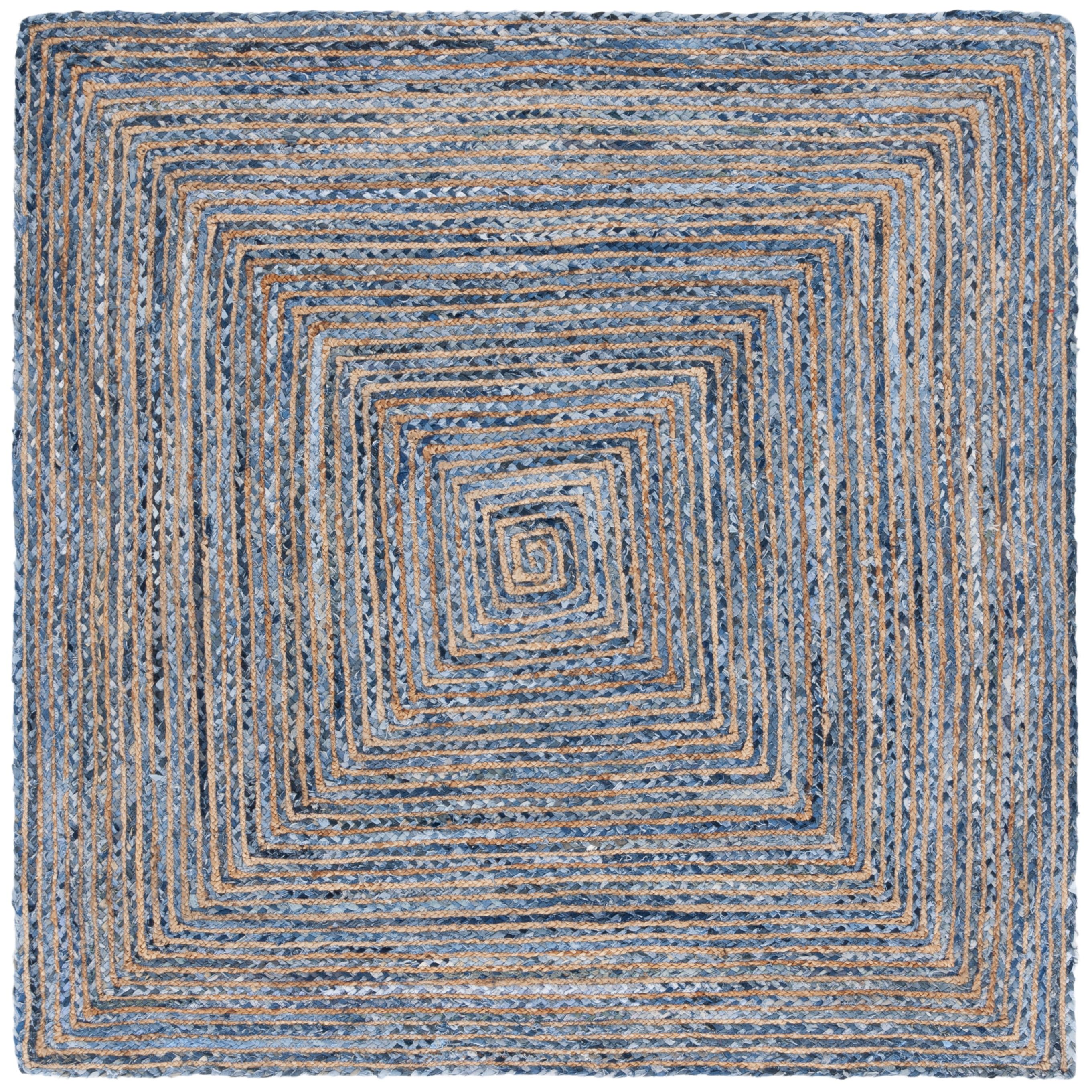 Handwoven Blue and Natural Geometric Jute Rug, 6' Square