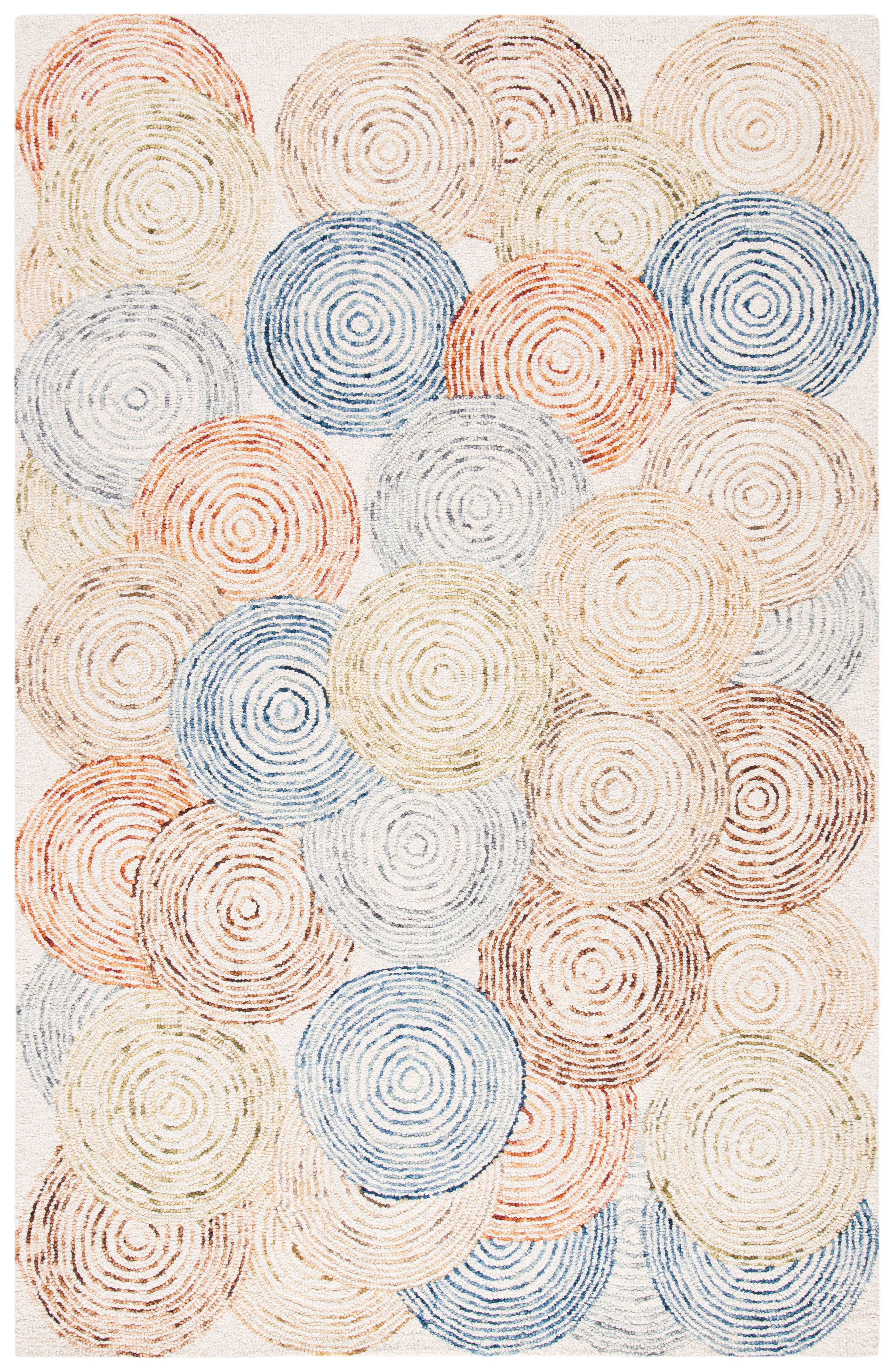 Ivory and Blue Geometric Hand-Tufted Wool Silk Area Rug, 5' x 8'