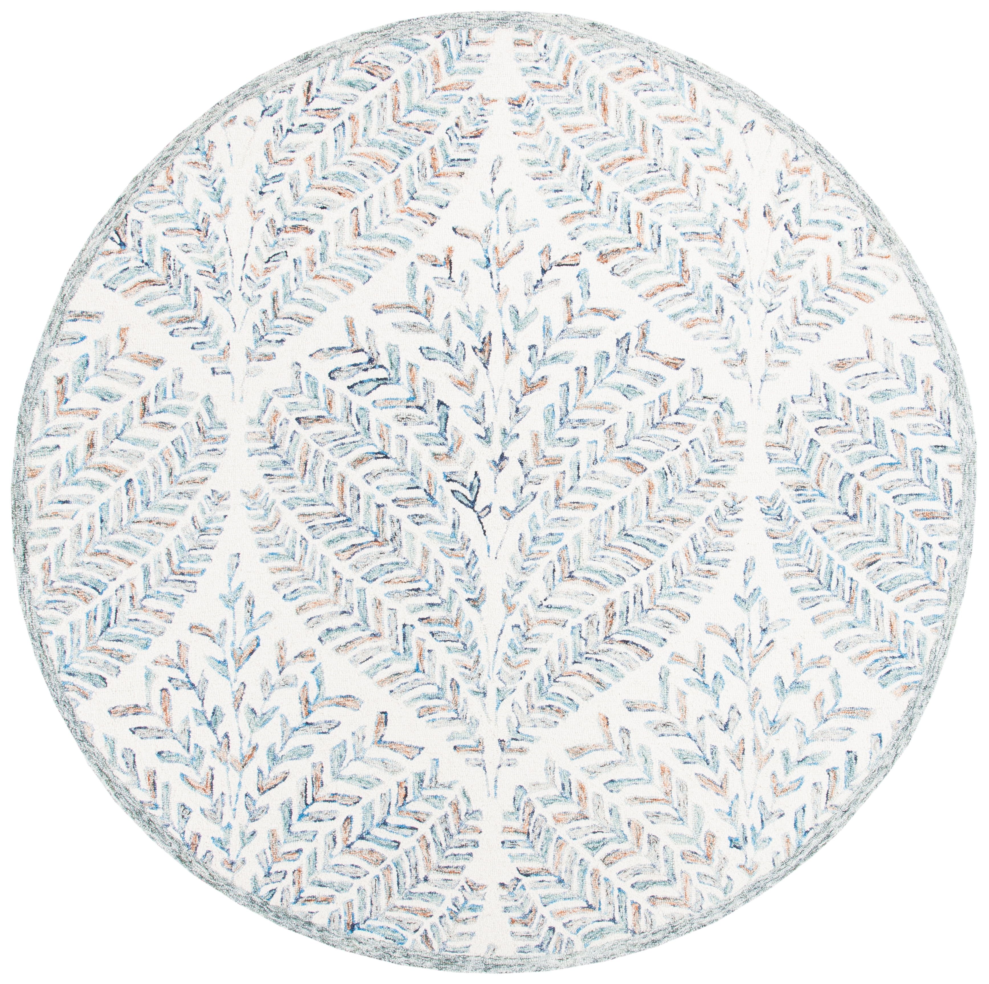 Ivory and Blue 4' Round Hand-Tufted Wool Rug